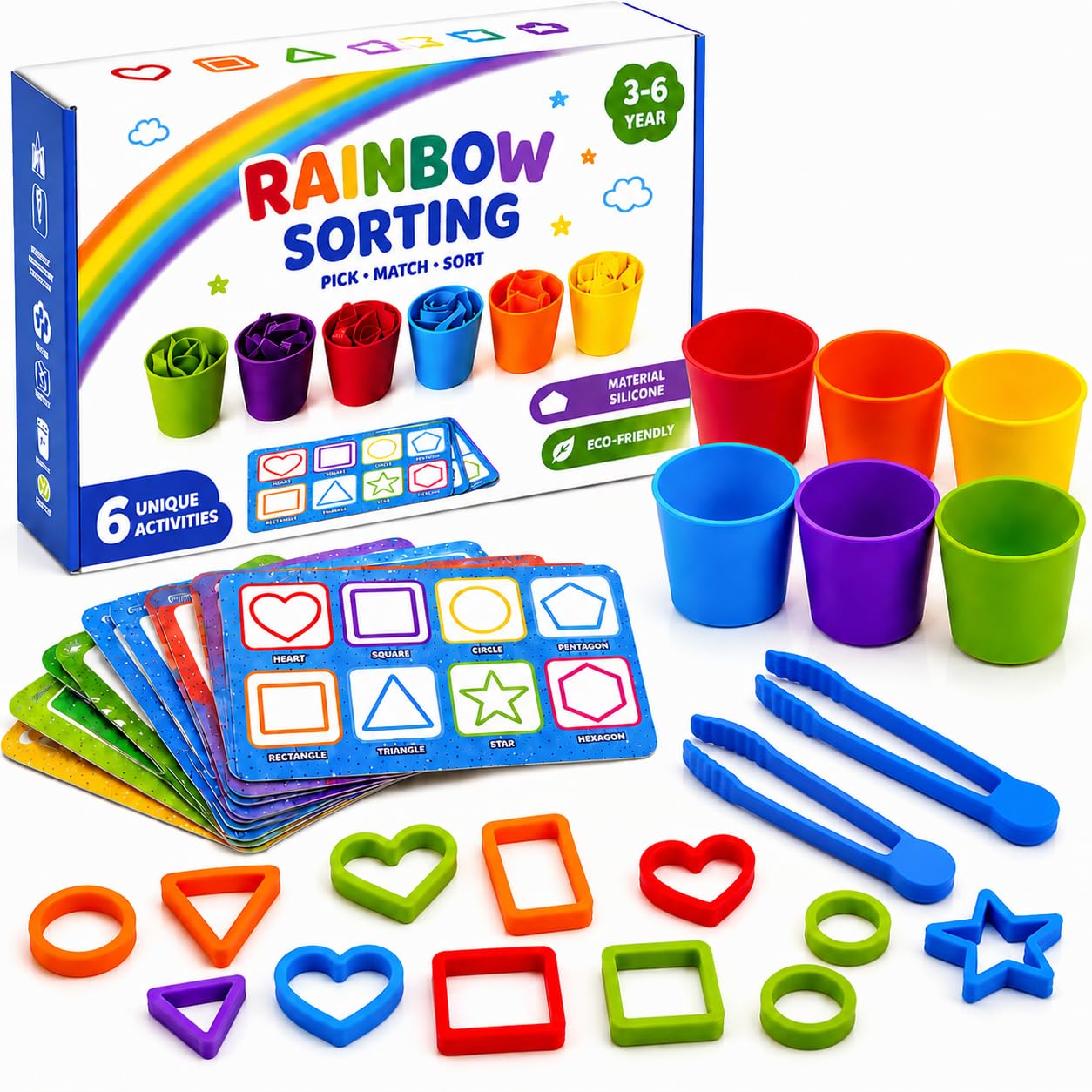 Silicone Rainbow Shape Sorting Game for Kids, Montessori Learning Toy, Color & Shape Matching, Counting, Sequencing, Fine Motor Skills Activity, Preschool Gift For Kids Girls, Ages 3-6-image-35
