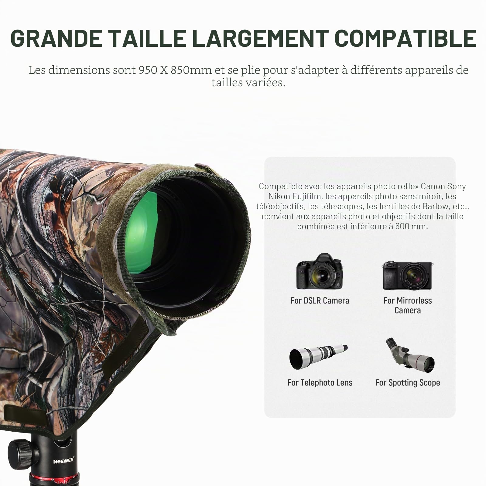 NEEWER Housse de Protection Contre la Pluie pour Appareil Photo Reflex numérique Canon, Sony, Nikon, Fujifilm et objectifs jusqu'à 400 mm, Camouflage des Deux côtés, en Nylon Vert PB020