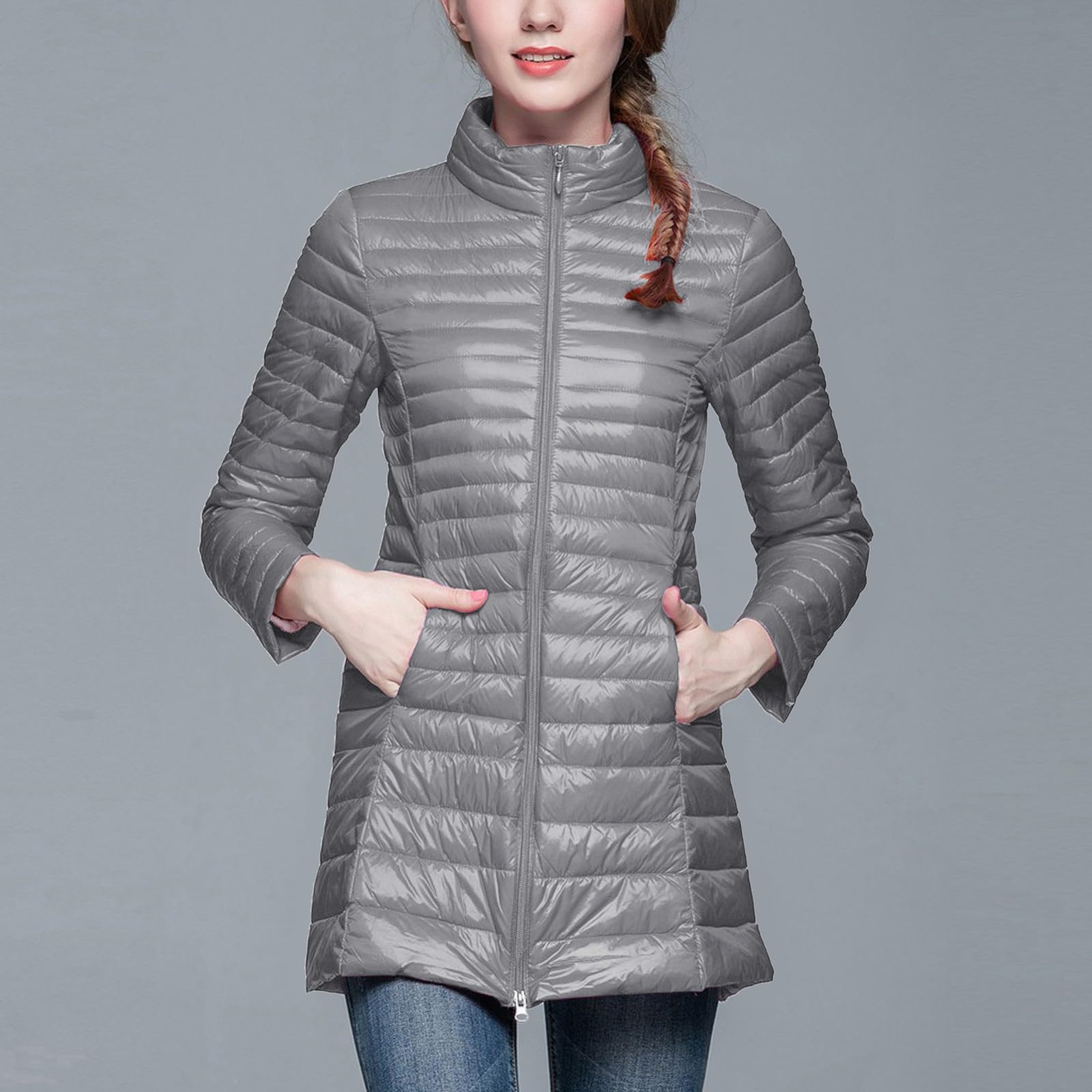 Generisch Abrigo acolchado ligero para mujer, largo, con capucha extraíble, chaqueta de entretiempo, abrigo de invierno, aspecto de plumón, forro cálido, chaqueta acolchada con bolsa