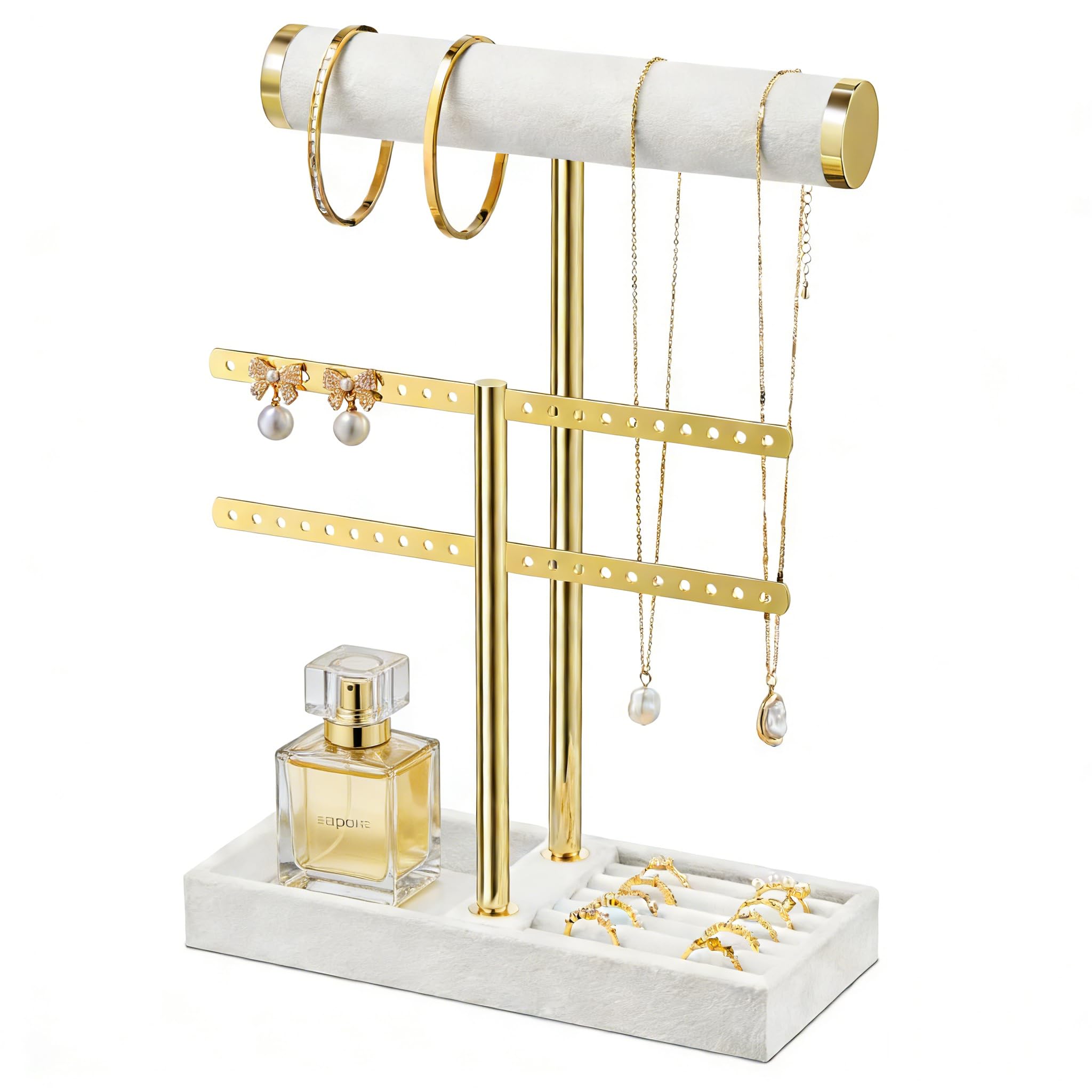 Josmimic Schmuck Organizer mit 2 Ebenen - Schmuckständer Armbänder, Weiß Abnehmbarer T-Steg Schmuck Ständer, Samt-Armbandhalter, Schmuckhalter für Armband, Halskette, Uhren, Ringe