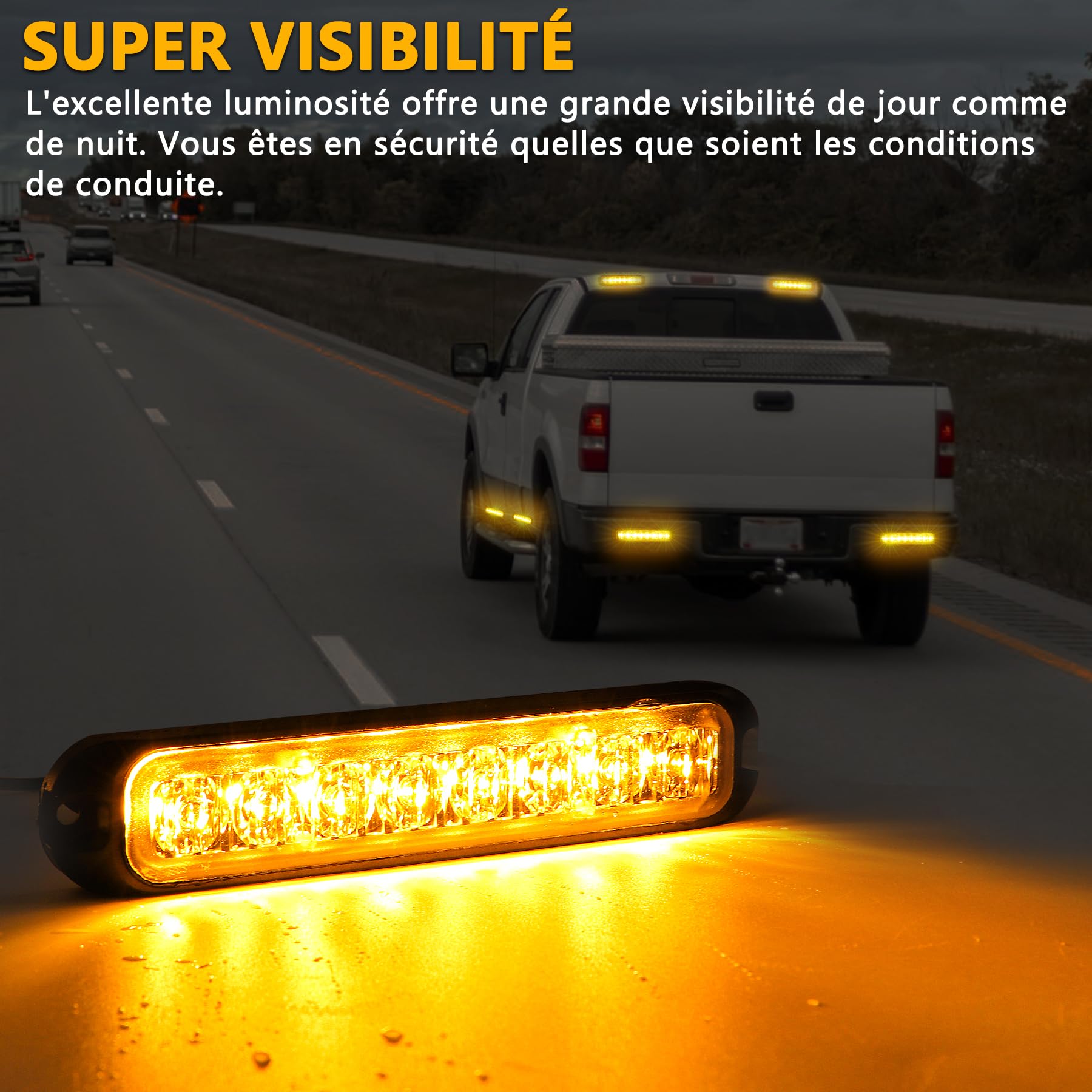 Feux de Pénétration LED Orange 12/24V, 4×8 LED, 14 Modes | IP65 étanche, adapté aux conditions difficiles, avec feu stroboscopique LED orange pour camions et voitures