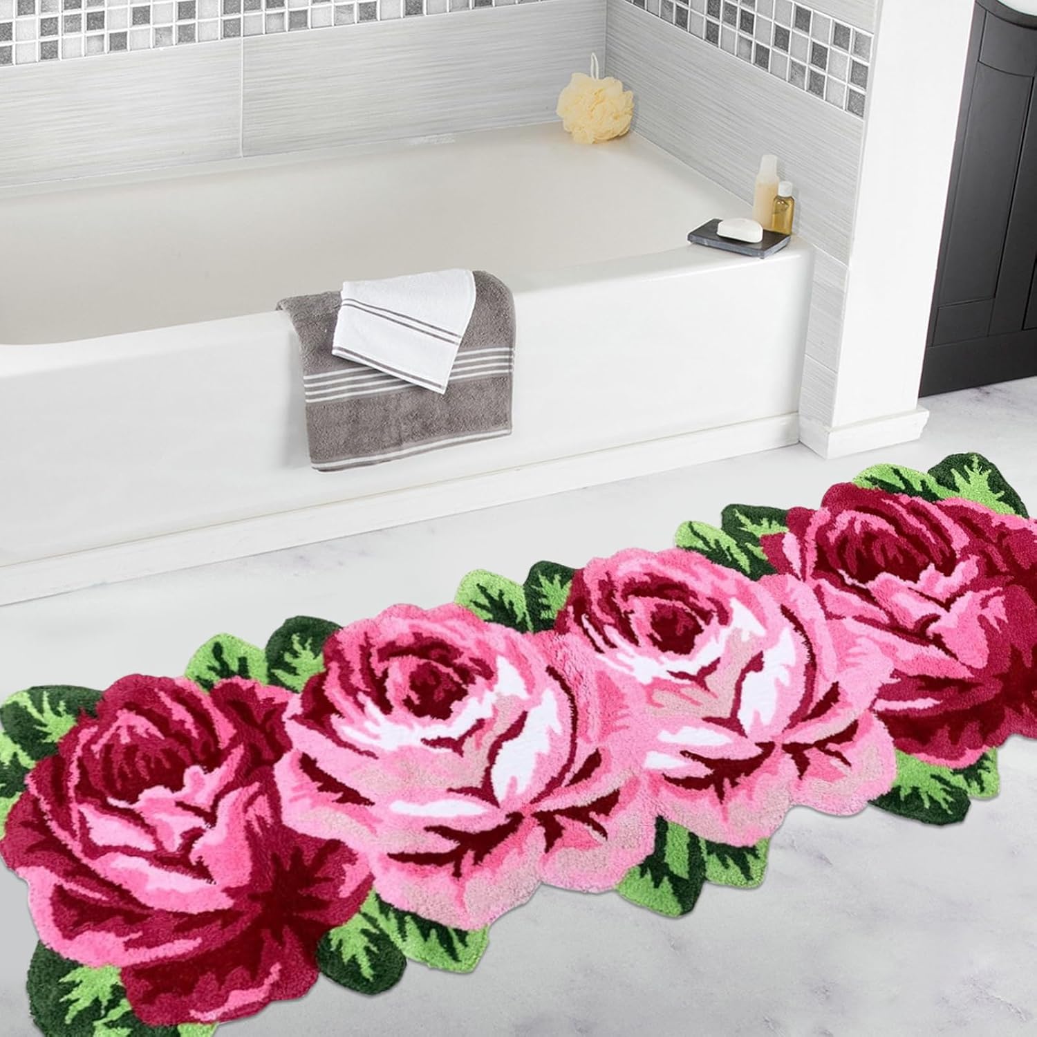 Rose Floor Rug,Runner Pink Floral Non-Slip Bath Mat Absorbent Shaggy Area Rugs Soft Flower Handmade Carpet for Bathroom Shower/Doormat 23.6''x68.9''