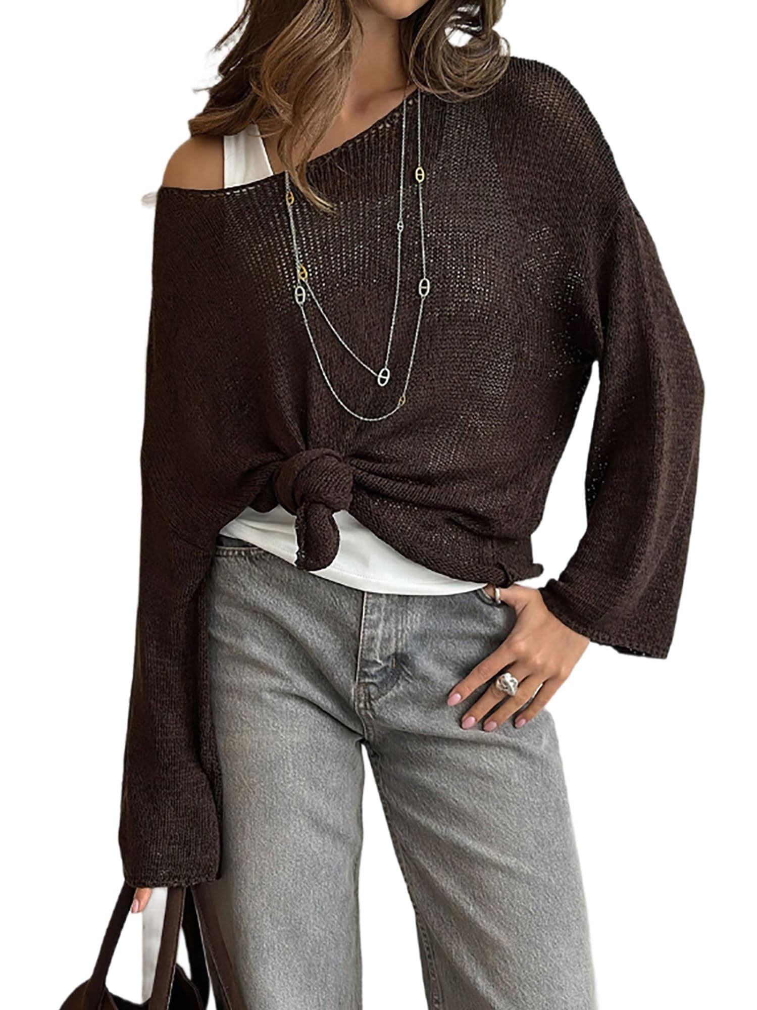 Lierolye Women's Coffee Oversized Sheer Mesh Knit Sweater Loose Long Sleeve Tunic Pullover Top Hollow Lightweight Beach Jumpers(,L)