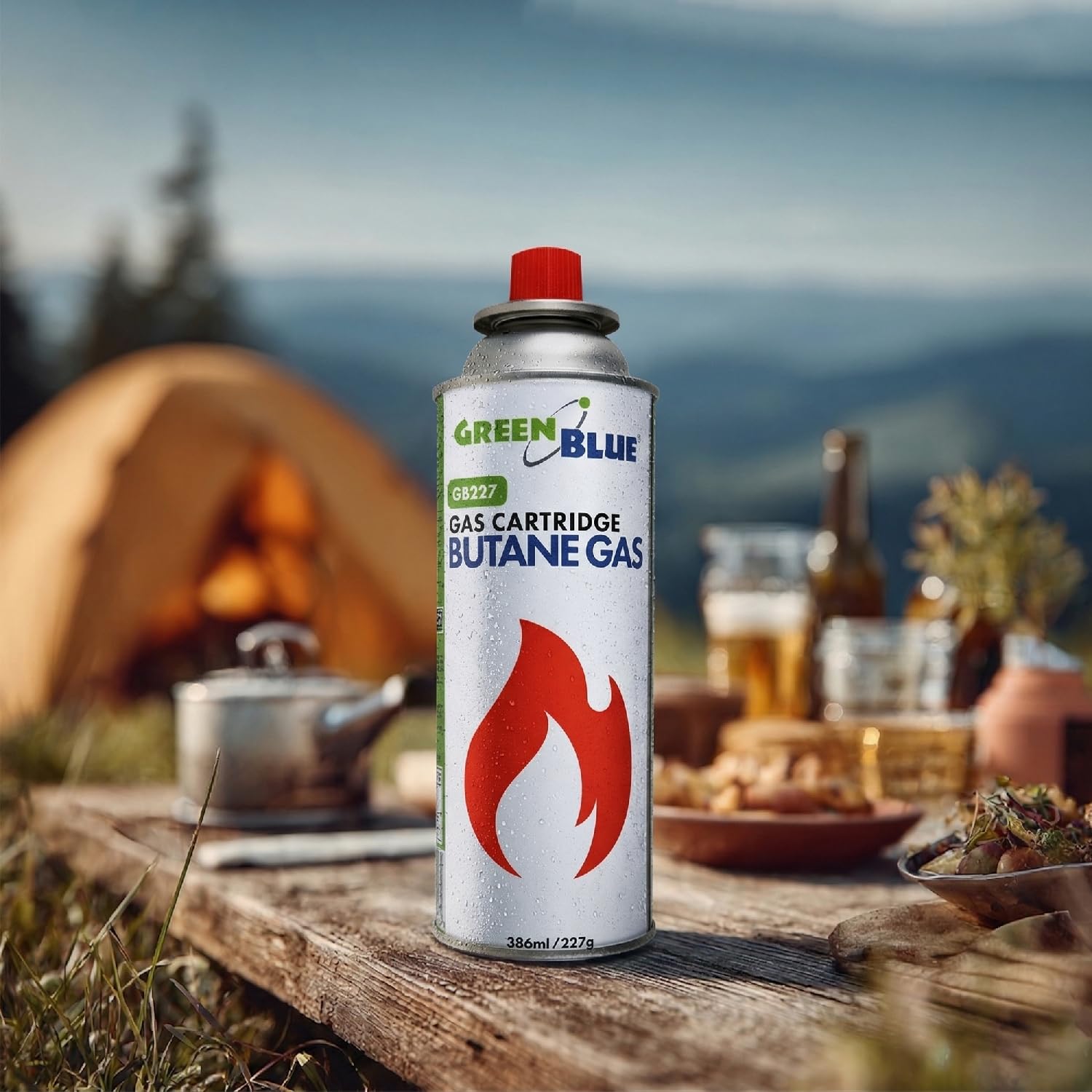 Green Blue GB227 Gaskartusche 227 g (386 ml) Butan, EN417, mit Gewinde, automatisches Ventil, wiederverwendbar, für Campingkocher | Einsatzbereich: -10 °C bis +40 °C (56, farblos)