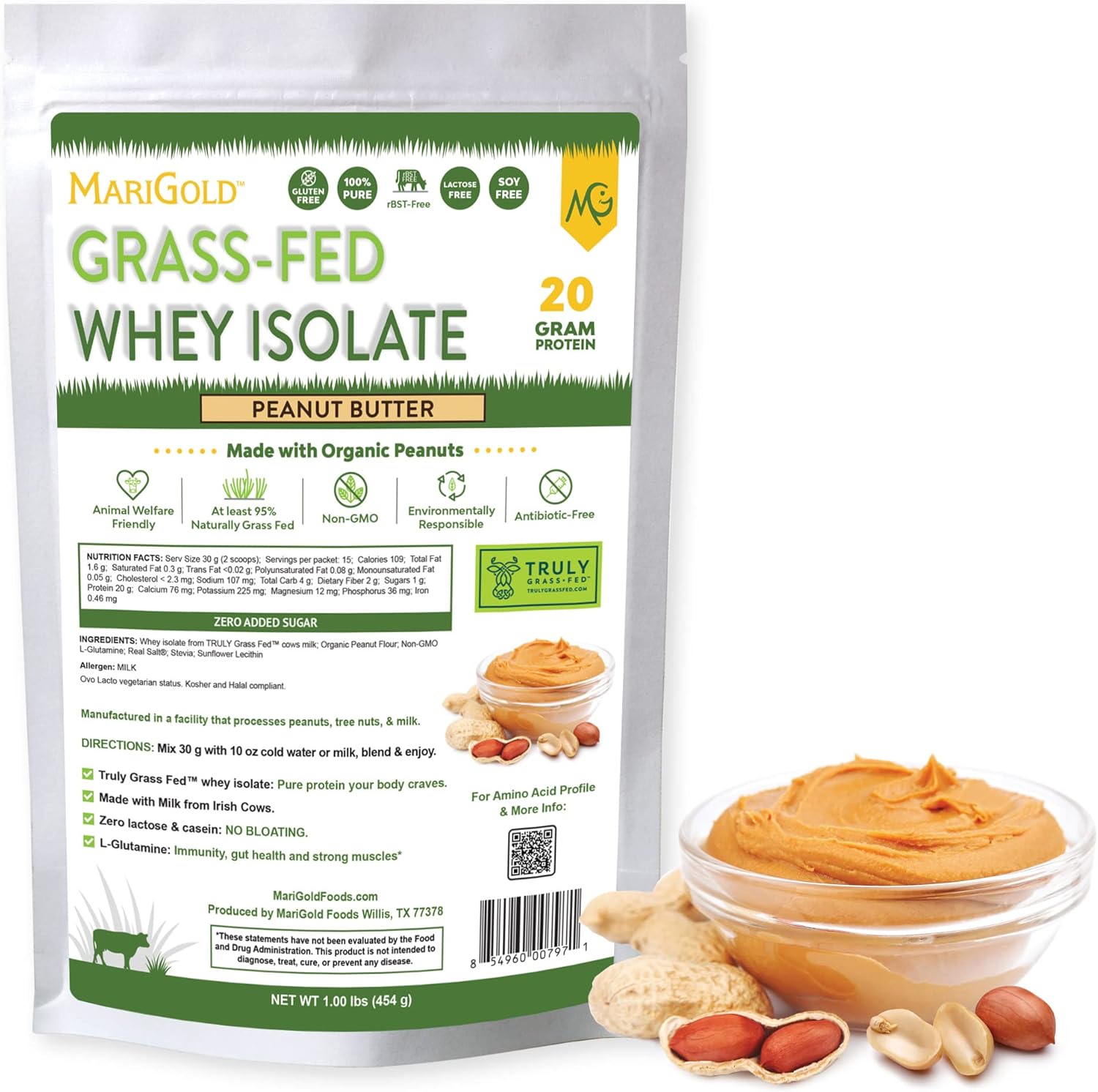 MariGold Grassfed Whey Protein Isolate Powder Peanut Butter Flavor