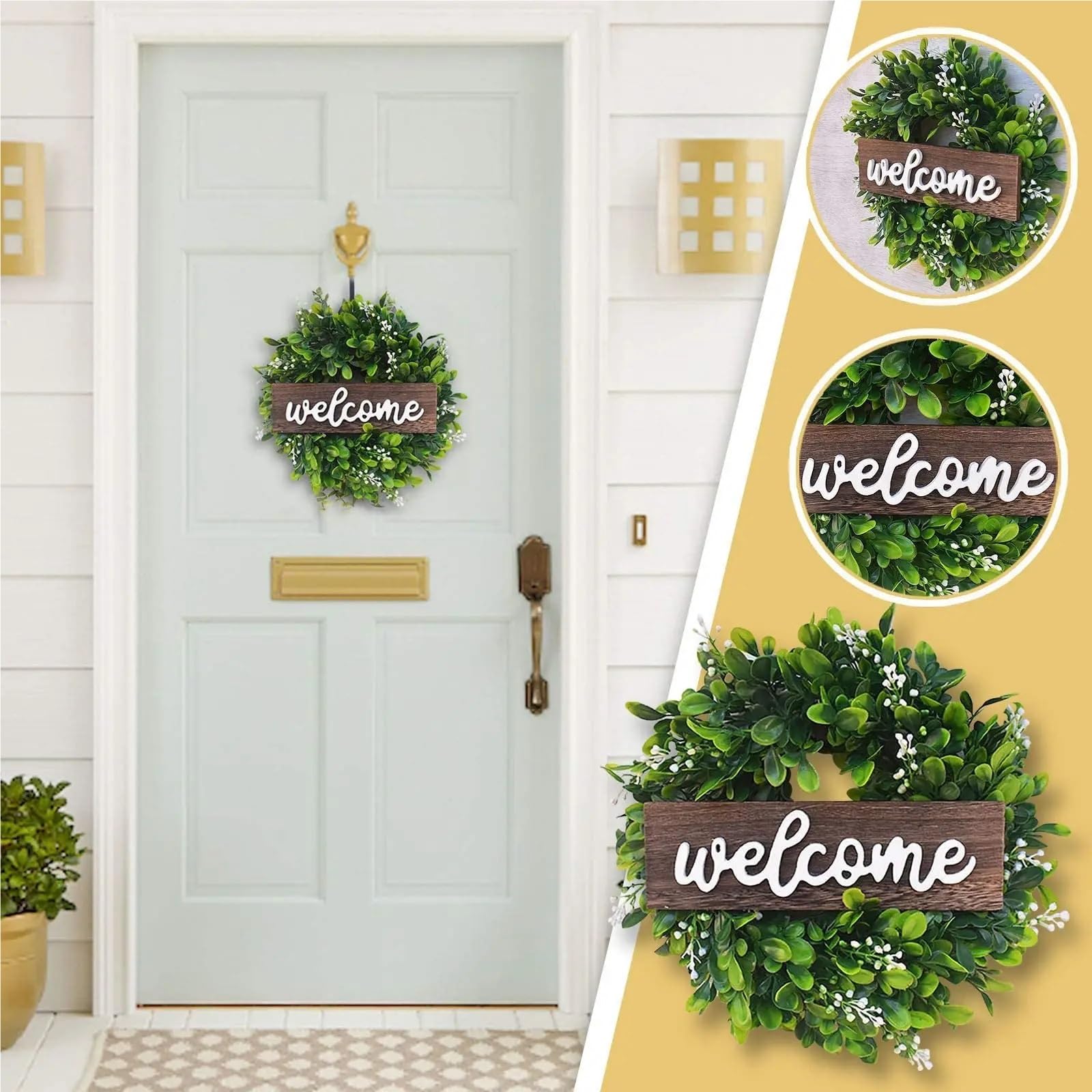 Ghirlanda Per Porta Ghirlanda di eucalipto verde con cartello di benvenuto, ghirlanda artificiale primaverile ed estiva for la decorazione della parete della porta d'ingresso in stile fattoria. Per Ag