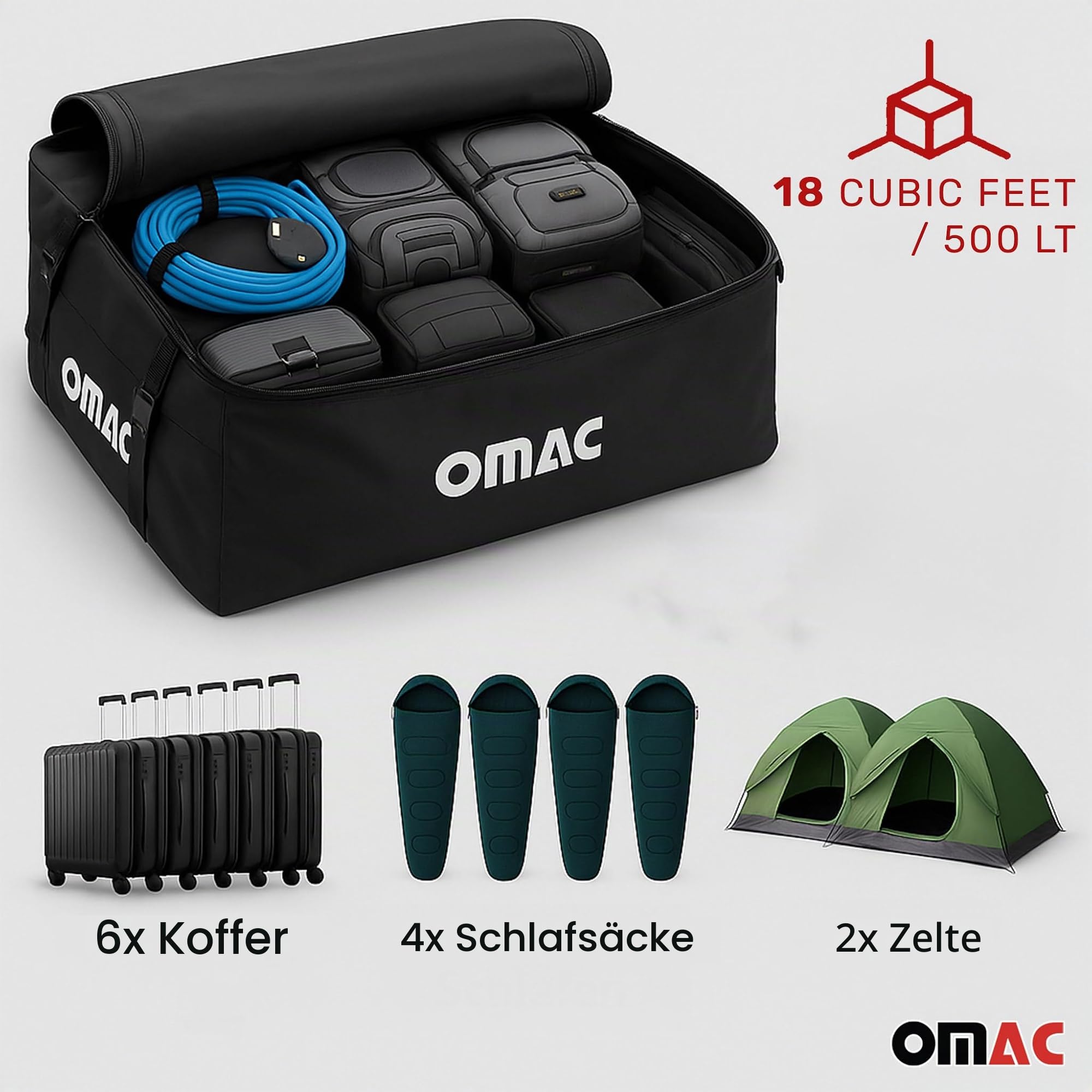 OMAC Auto Dachbox 500 Liter Faltbare wasserdichte Dachtasche Gepäckbox mit Aufbewahrungstasche und 6 Verstärkungsschnallen kompatibel mit Autos mit/ohne Dachträger
