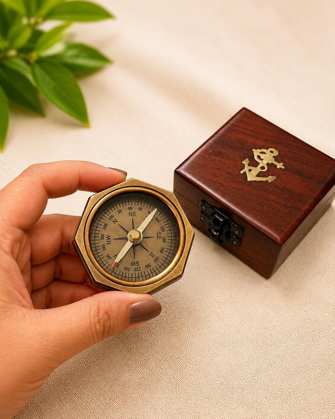 Brass Nautica Hexa Shape Compass with Wood Box Collectible Gift-picture-45