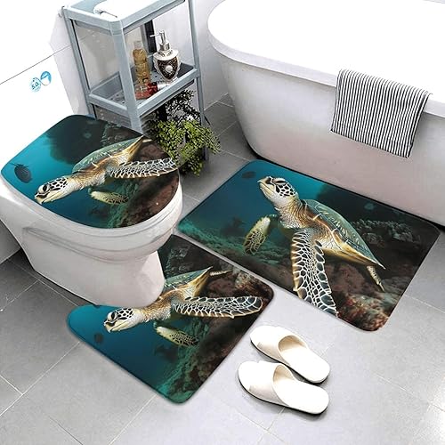 Miniatura 3 de Juego de 3 alfombras de baño con estampado de tortuga marina con alfombras antideslizantes, cubierta para tapa de inodoro y tapete de baño,