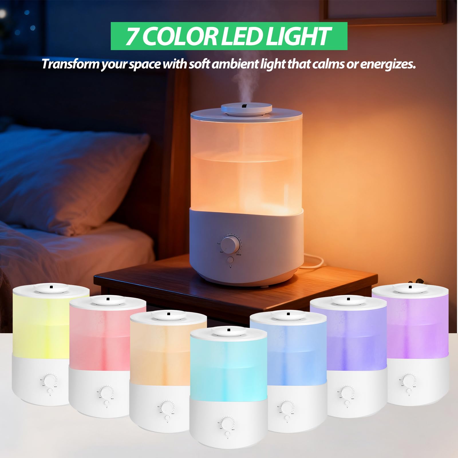 Cozary Humidificateur d'Air Chambre 2.5L Top-Fill, 28H Diffuseur d’Huiles Essentielles, Arrêt Automatique, 23 dB Silencieux, 7 Color Light, Buse à 360°, pour Chambre à Coucher,Chambre Bebe,Plantes