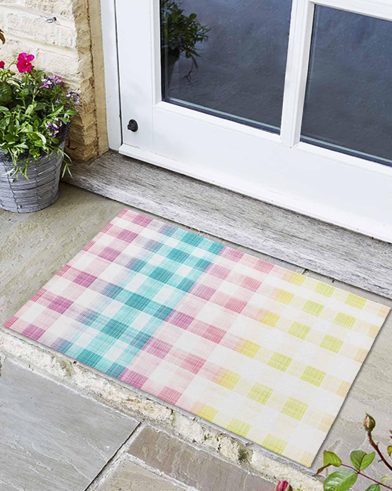 VANPTBNHS Door Mat, Easter Colored Check Plaid Absorbent Indoor Outdoor Doormat Non - Slip Entrance Rug for Front Door Backyards Patio High - Traffic