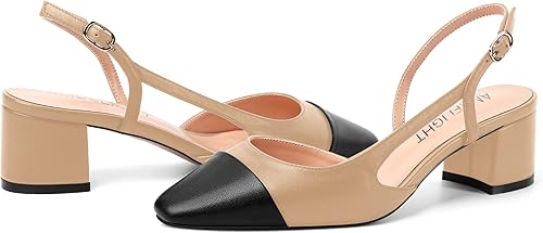 Miniatura 6 de AMBELIGHT Zapatos de tacón bajo grueso con hebilla de dos tonos para mujer, con punta cuadrada, de 2 pulgadas