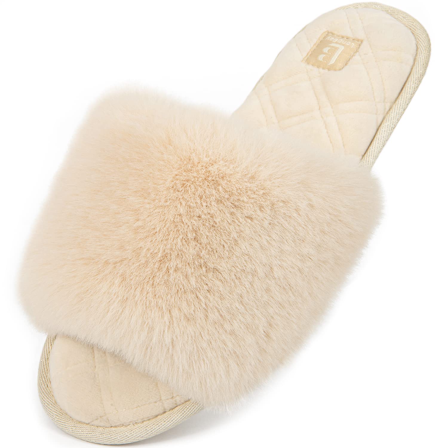 LongBay Ladies' Fluffy Faux Fur Slippers Open Toe Memory Foam Comfy Flat Summer House Shoes