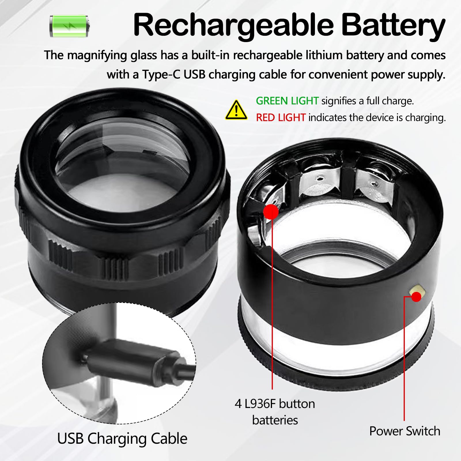 Lupa de Joyero, Lupa de Aumento portátil 10x con 8 Luces LED y Escala de Vidrio de 3 Recargable Campo de Visión de 25 mm para Joyería, Gemas, Monedas, Herramienta de Hobby