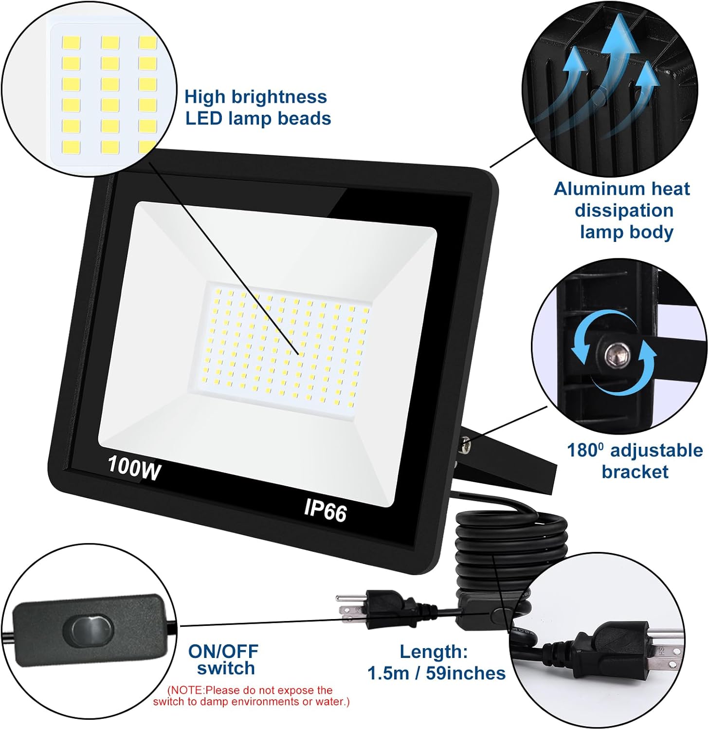 LED Flood Light Outdoor,100W LED Work Light with ON/Off Switch Plug in Security Lights IP66 Waterproof 6500K 2Pack Portable Exteriores Floodlights for Yard Garage Stadium Garden Patio