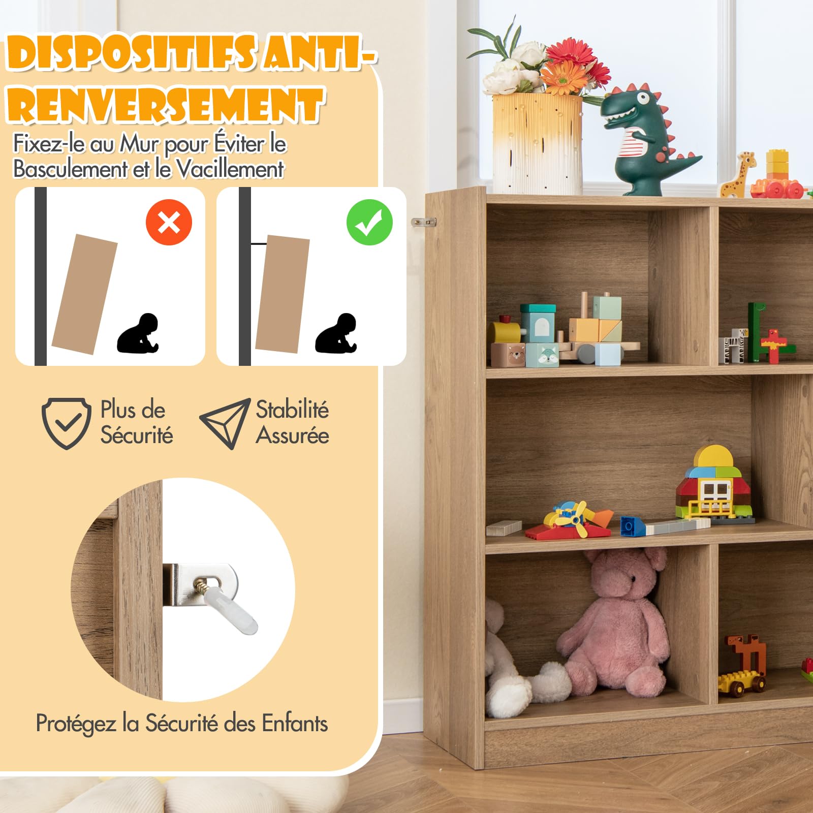 DREAMADE Bibliotheque Enfant 122x32x93CM à 3 Niveaux avec 8 Compartiments, Coffre à Jouets Enfant en Bois Charge 60KG,Étagère de Rangement Filles Garçons pour Jouets&Livres (Naturel)