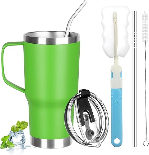 Miniatura 27 de Vaso de 20 onzas con asa, vaso aislado de acero inoxidable con tapa y popote, taza de café de doble pared con aislamiento al vacío, taza térmica