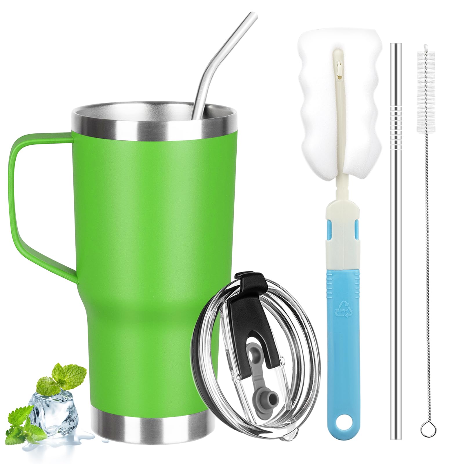 20 oz Tumbler with Handle, Stainless Steel Insulated Tumbler with Lid and Straw, Double Wall Vacuum Coffee Mug Tumbler, Insulated Coffee Thermal Cup for Cold and Hot (Bright Green, 20, ounces)