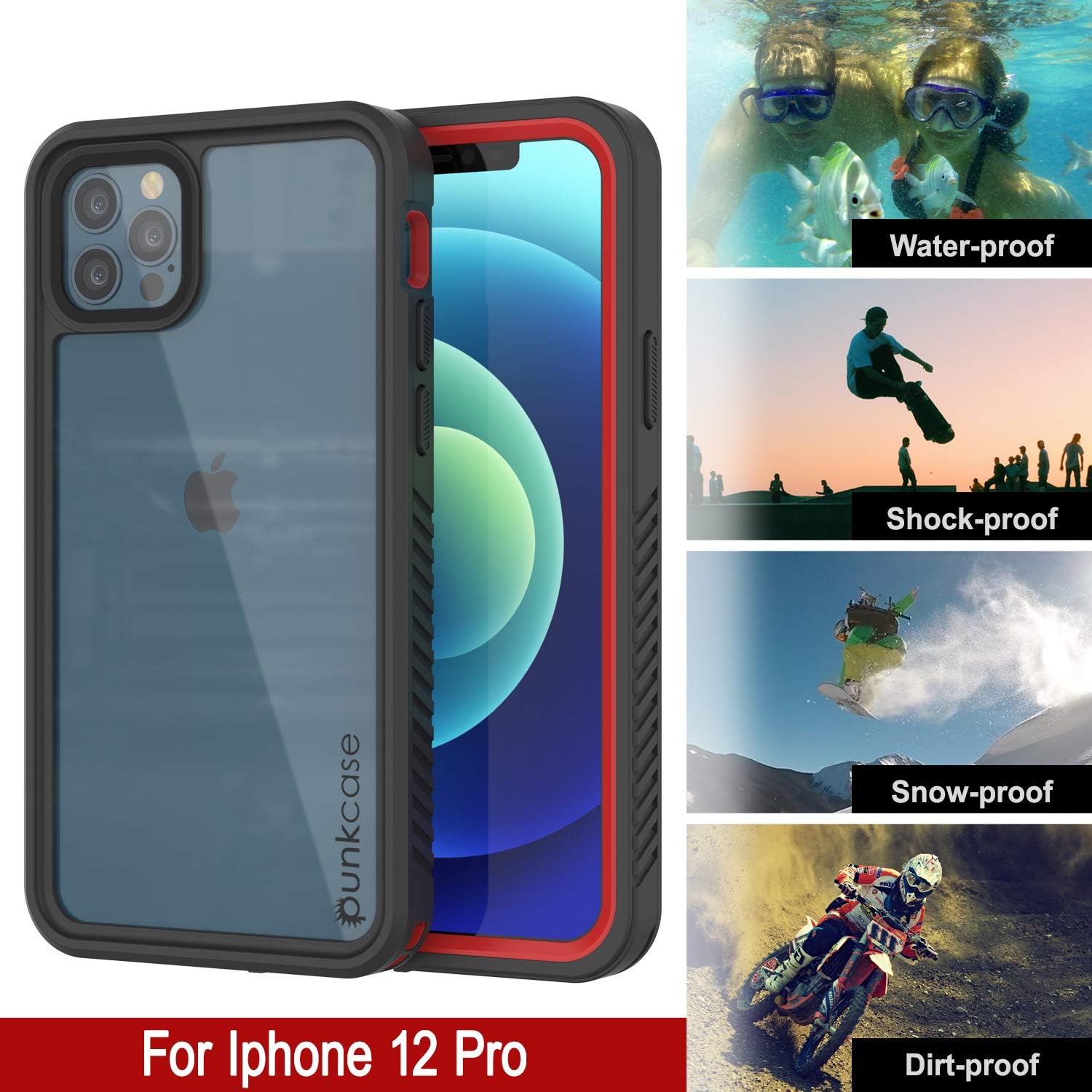 Punkcase for iPhone 12 Pro Waterproof Case [Extreme Series] [Slim Fit] [IP68 Certified] [Shockproof] [Snowproof] Armor Cover W/Built in Screen Protector Compatible with iPhone 12 Pro (6.1") (Red)