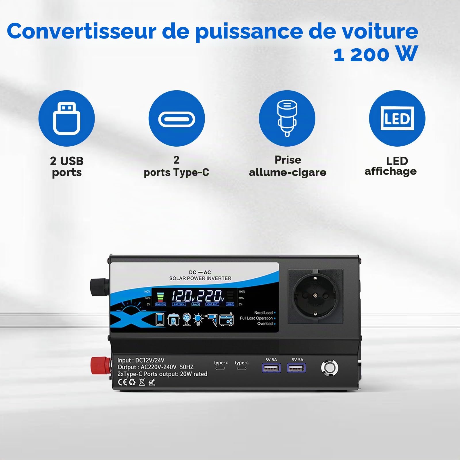 Convertisseur 12V/24V 220V 1200W, Onduleur de Voiture avec 2 Prises AC, 2X USB & 2X Type-C, Allume-Cigare et Affichage LED, pour Camping-Car Camping