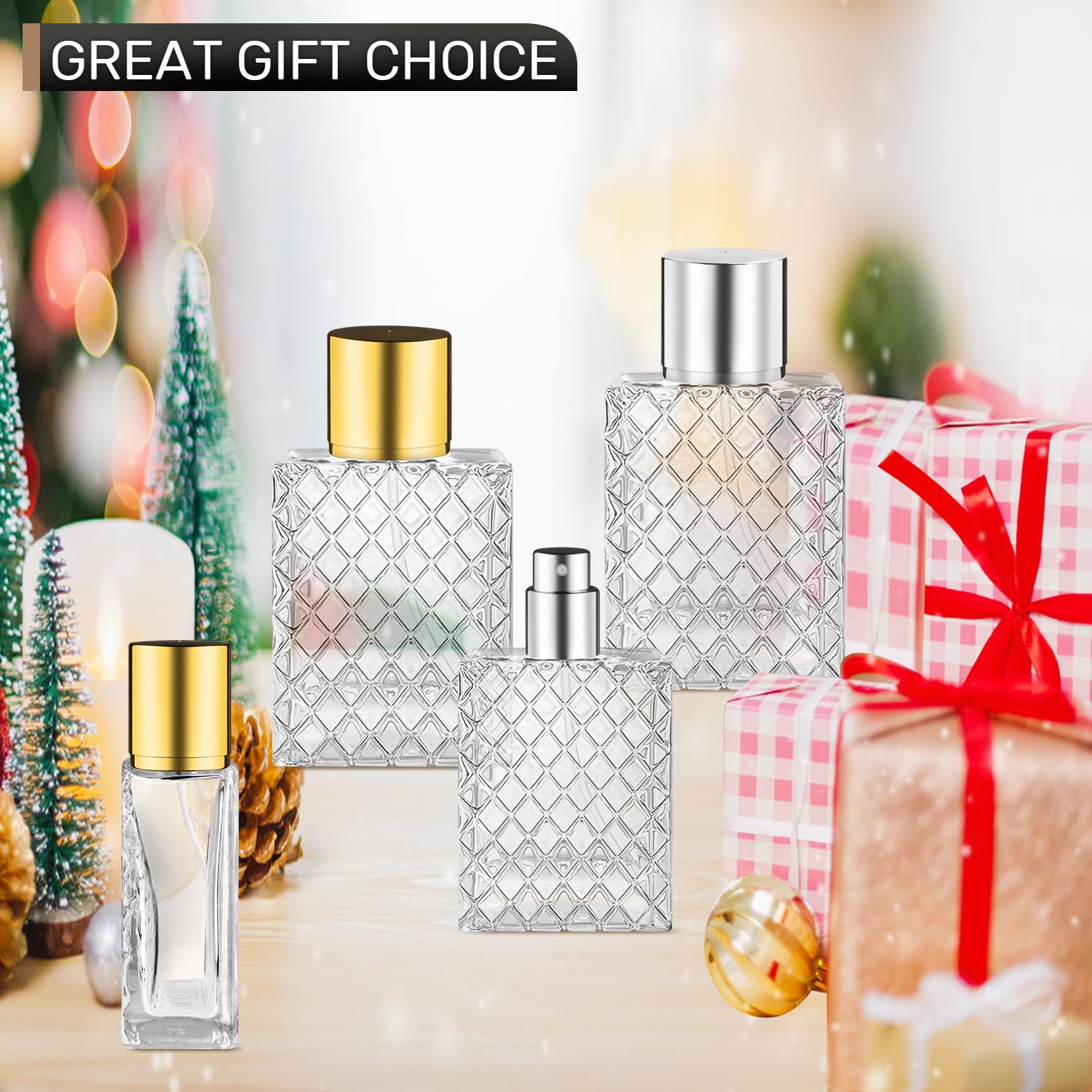 Szklane butelki z rozpylaczem do perfum ze złotą pokrywką, pusta, kwadratowa, drobna mgiełka, do wielokrotnego napełniania, do wody, alkoholu, tonera, olejków eterycznych, 2 pipetek, 2 lejków