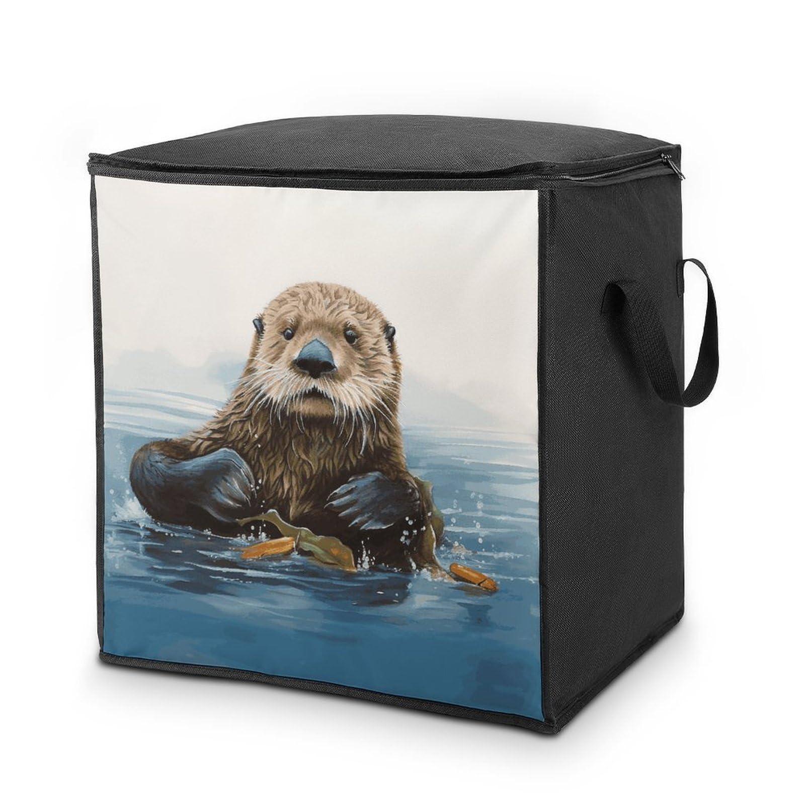 Sea Otter Storage Bag with Zippers And Handle Extra Large Bedding Comforter Storage Bag Foldable Blanket Storage Bags Fabric Moving Bags for Closet Organizer (70L)