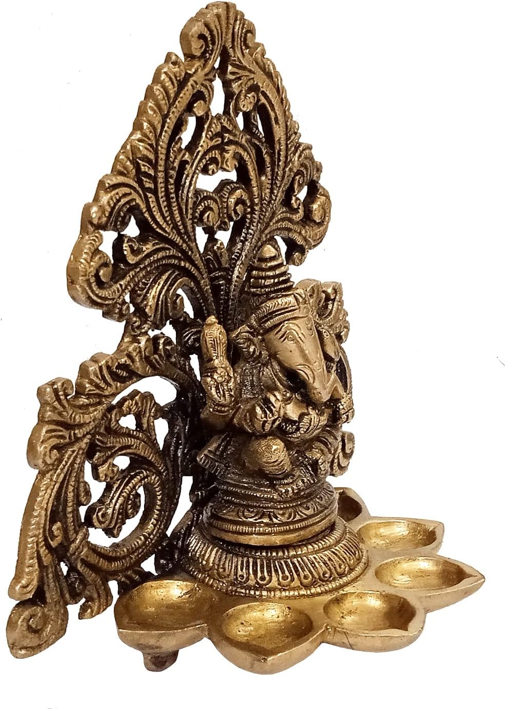 Purpledip Brass Idol Ganesha with 6 Diyas Deepak (Kuthu Vilakku): Royal Design Welcome Decoration Oil Lamp Statue (12506)