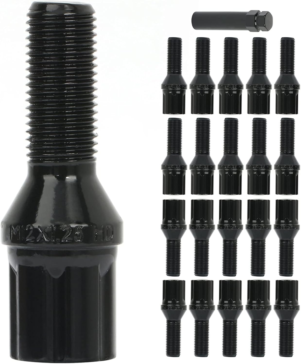 Aintier Wheel Bolt Automotive Lug Bolts 12x1.25 20 Pieces Black Shank Length 28mm with 1 Key Compatible with for 500X for Cherokee for Renegade