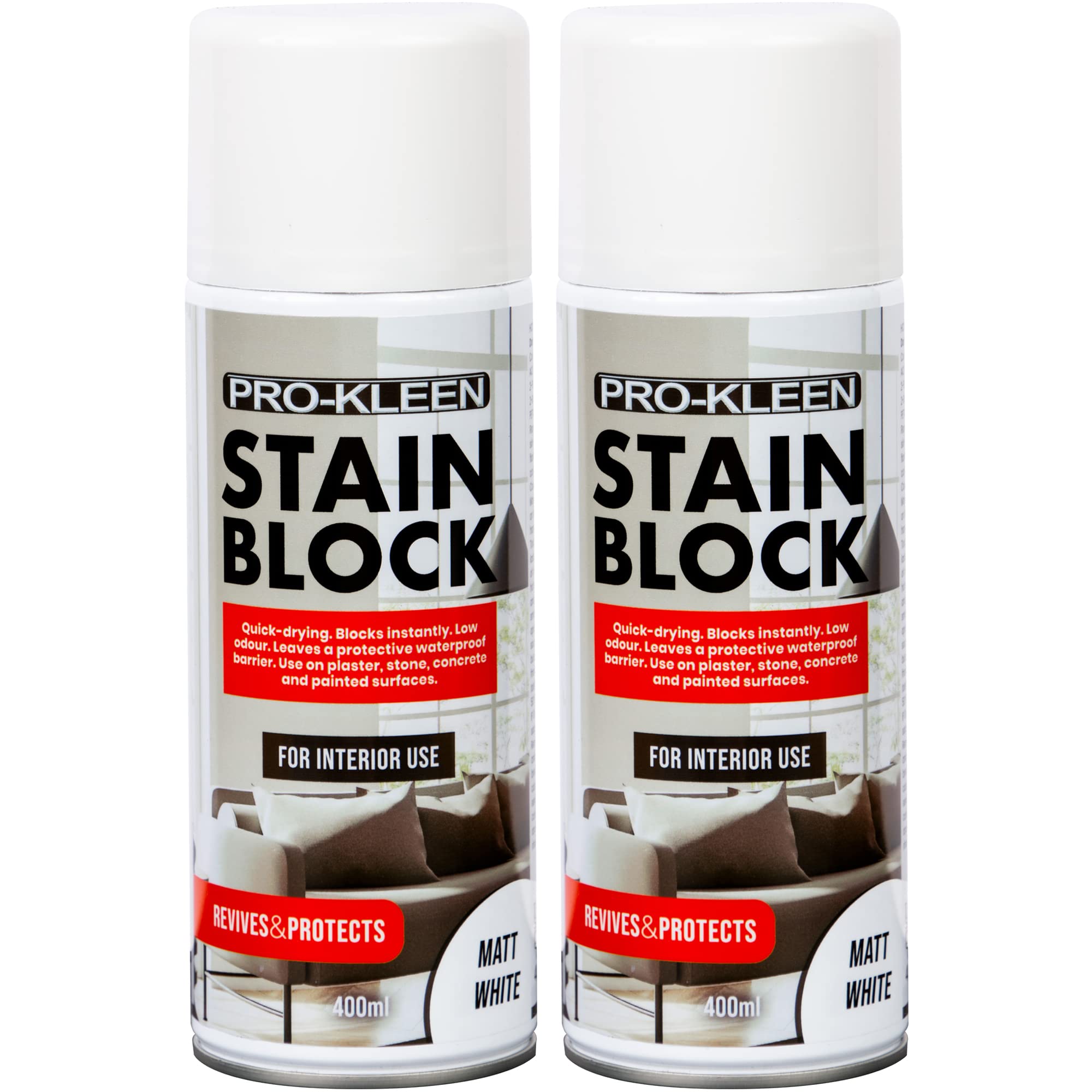 Pro-Kleen Stain Block Spray Paint Primer - Covers Mould, Grease, Nicotine & Rust Stains - For Walls & Ceilings - Leaves a Waterproof Barrier - White Matt (2 x 400ml)