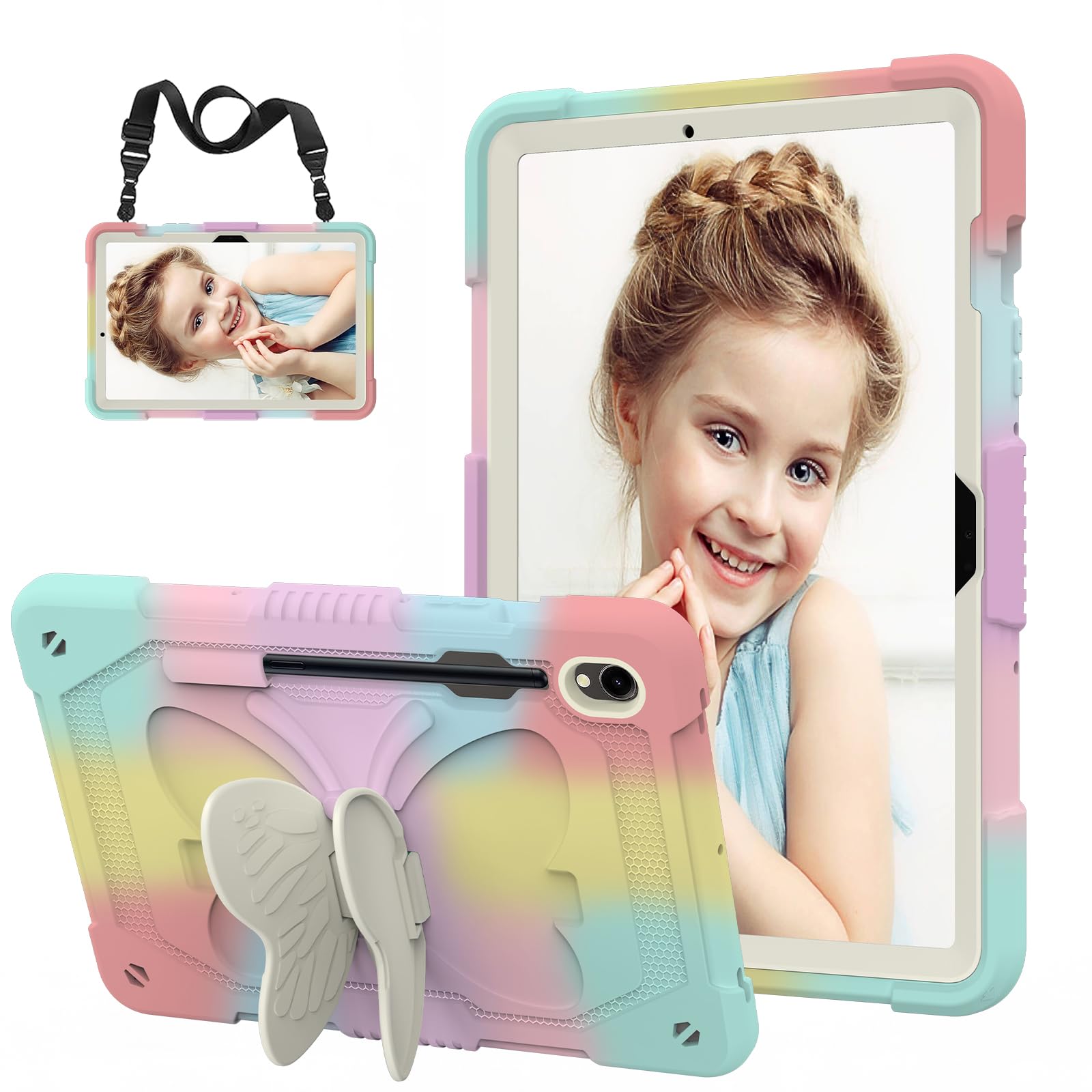 HOGENL Cover for Samsung Galaxy Tab S9 11 inch Case with S Pen Holder, Galaxy Tab S9 2023 Released with Butterfly Stand Shoulder Strap Shockproof Full Body Protective Funda for Kids Girls, Colorful