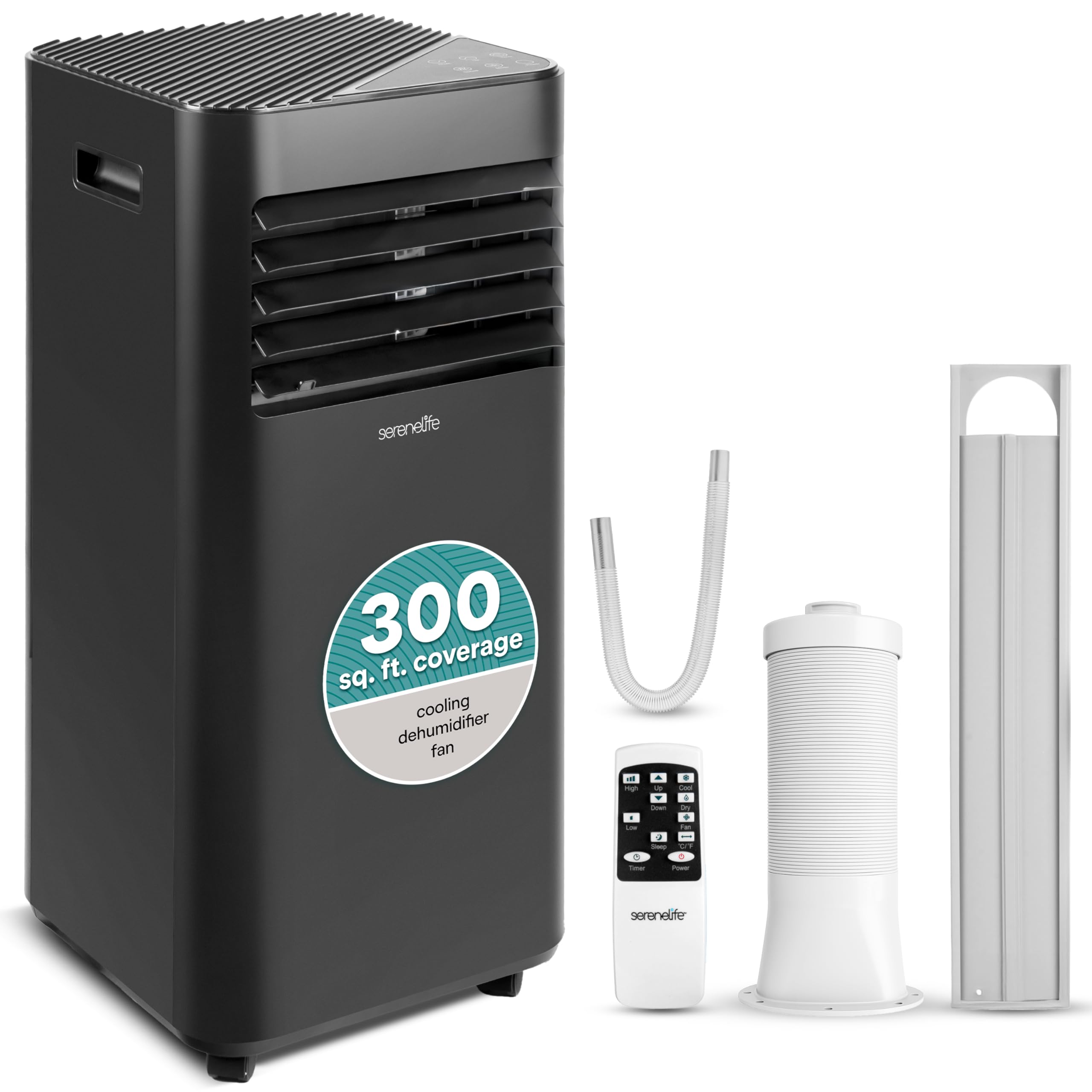 serenelife slpac182b portable air conditioner-8000 capacity (ashrae) compact home a/c cooling unit with built-in dehumidifier & fan modes, includes window mount kit (black), 8,000 btu