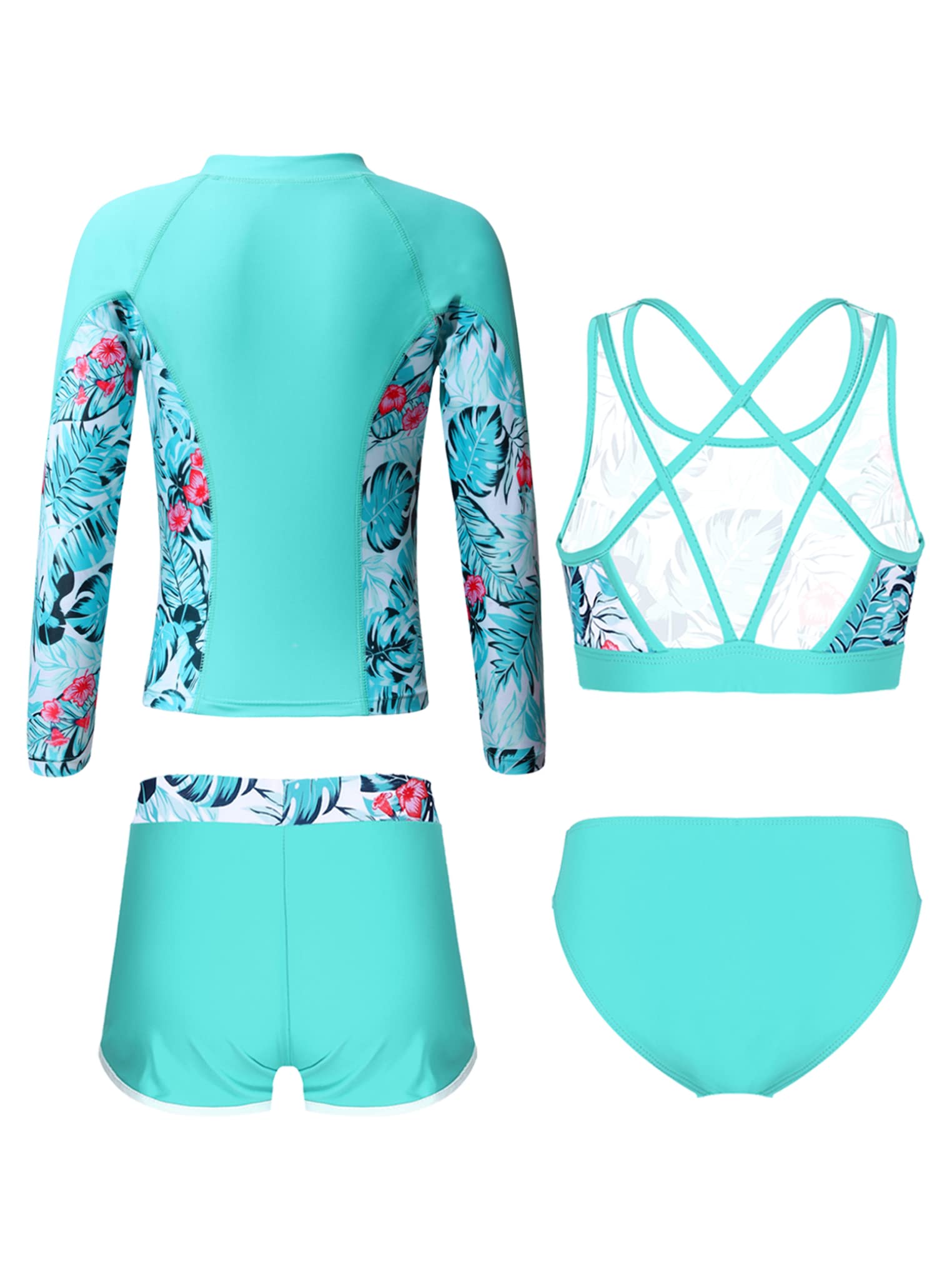 Kaerm Girls Floral Bathing Suit Bikini Set with Front Zipper Long Sleeve Rash Guard Swimwear Light Green 6 Years