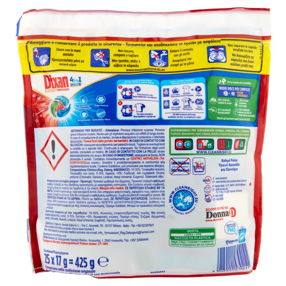 Dixan DISCS 4in1 Expert Smacchiante Detersivo Lavatrice (25 Lavaggi), Capsule lavatrice per una pulizia profonda del bucato e freschezza igienica per la lavatrice, Rimuove le macchie da 20°C.