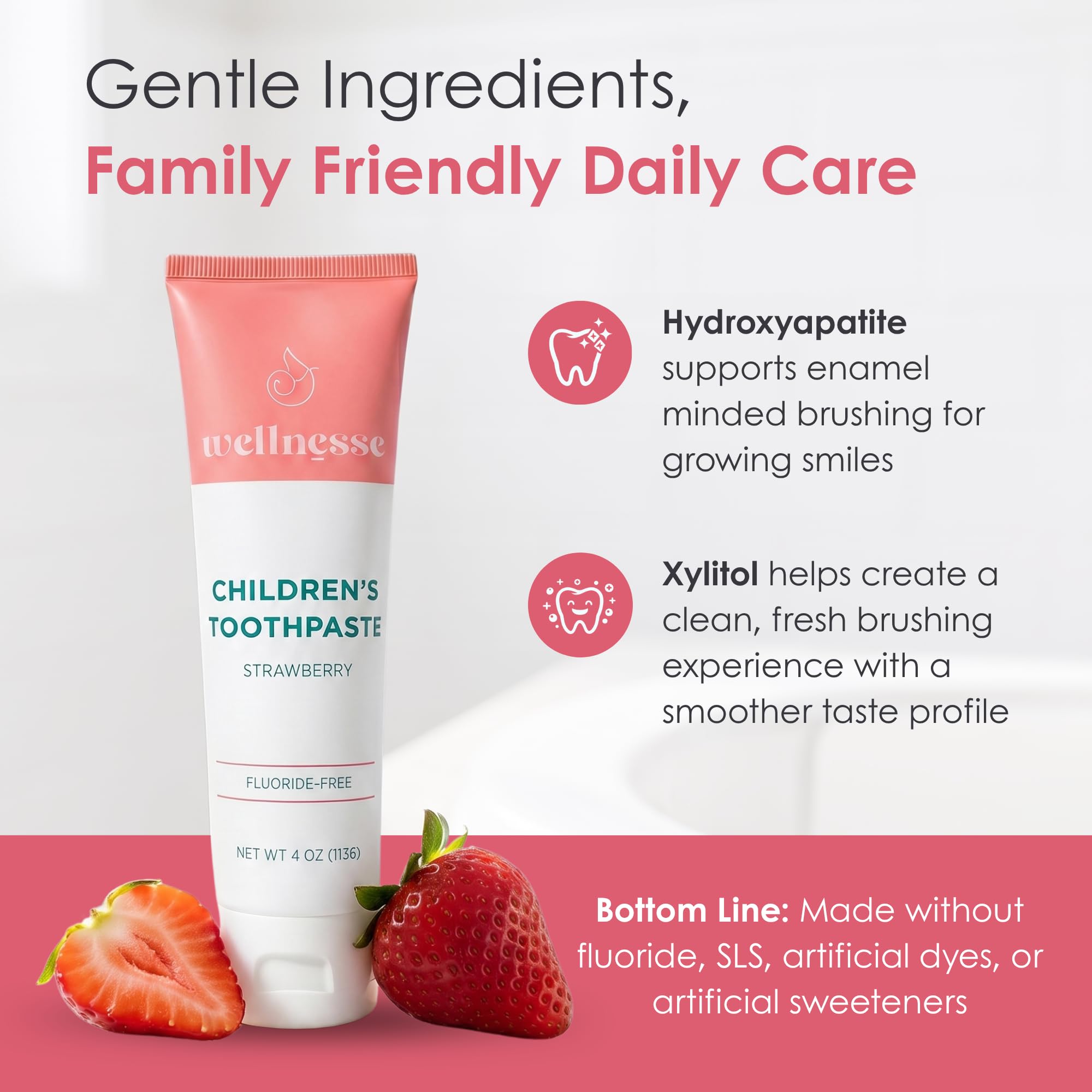 Wellnesse Pasta de dientes de hidroxiapatita para niños, sabor a fresa para niños pequeños y niños, fórmula de xilitol para un cuidado suave del esmalte, blanqueamiento de pasta de dientes, aliento