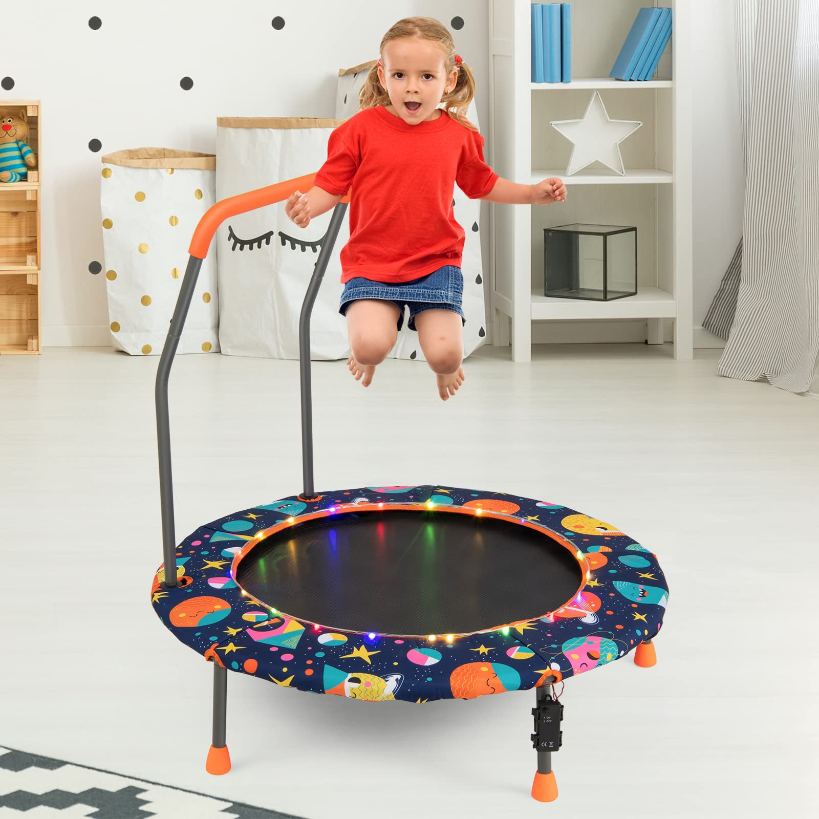 KOMFOTTEU Trampolino Elastico per Bambini dai 3 ai 6 anni, Ø 92 cm, Tappeto Elastico Bambini con Luci a LED, Mini Trampolino da Giardino con Manico e Tappetino di Sicurezza, Portata fino a 25 kg