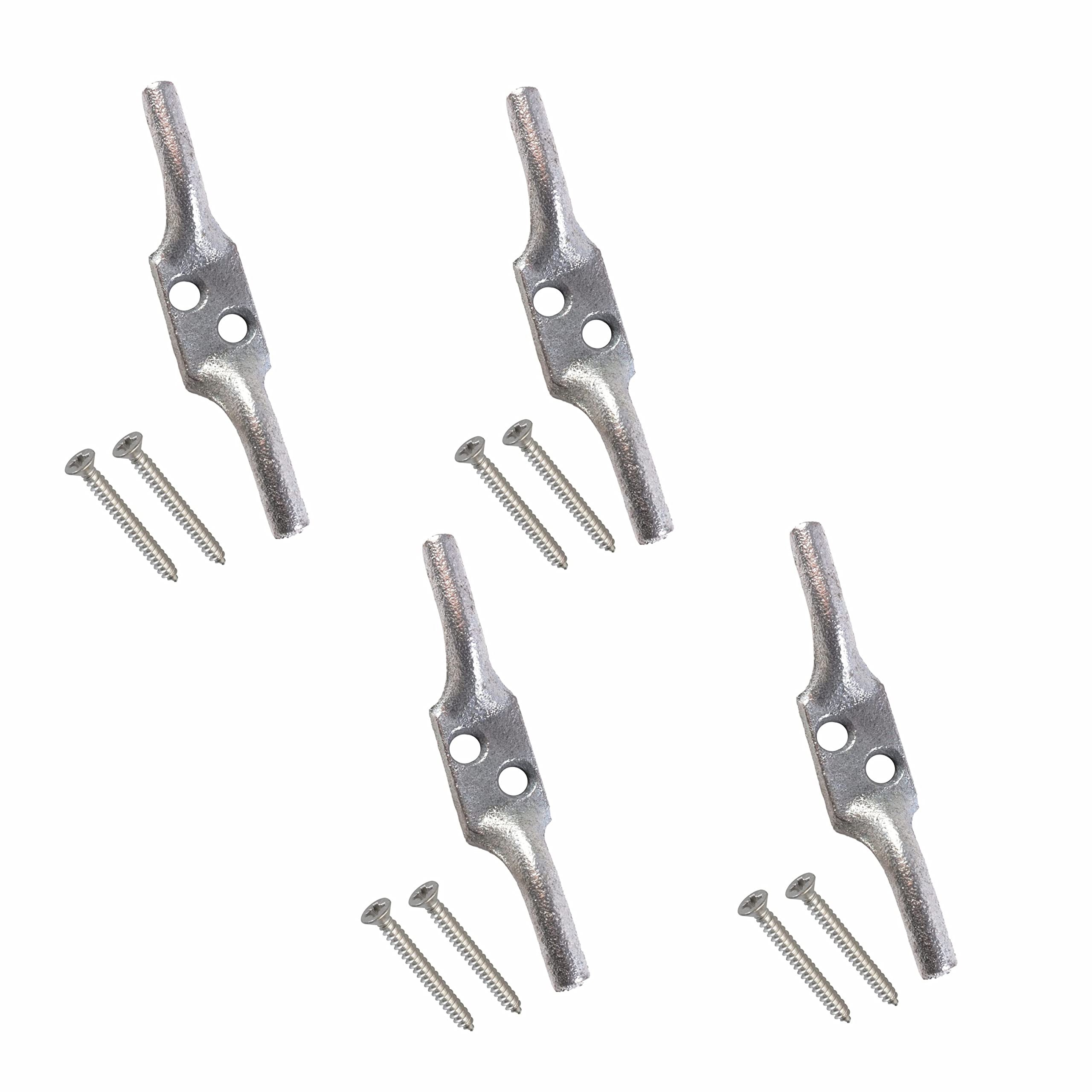 Sul Silver Cleat Hook 100Mm Heavy Duty Galvanised Rope Cord Cleat Hook, Flagpole Trailer Rope Tiebacks Roman Blind Cord Hooks For Washing Line With Screws - 4 Inch (4 Pk),