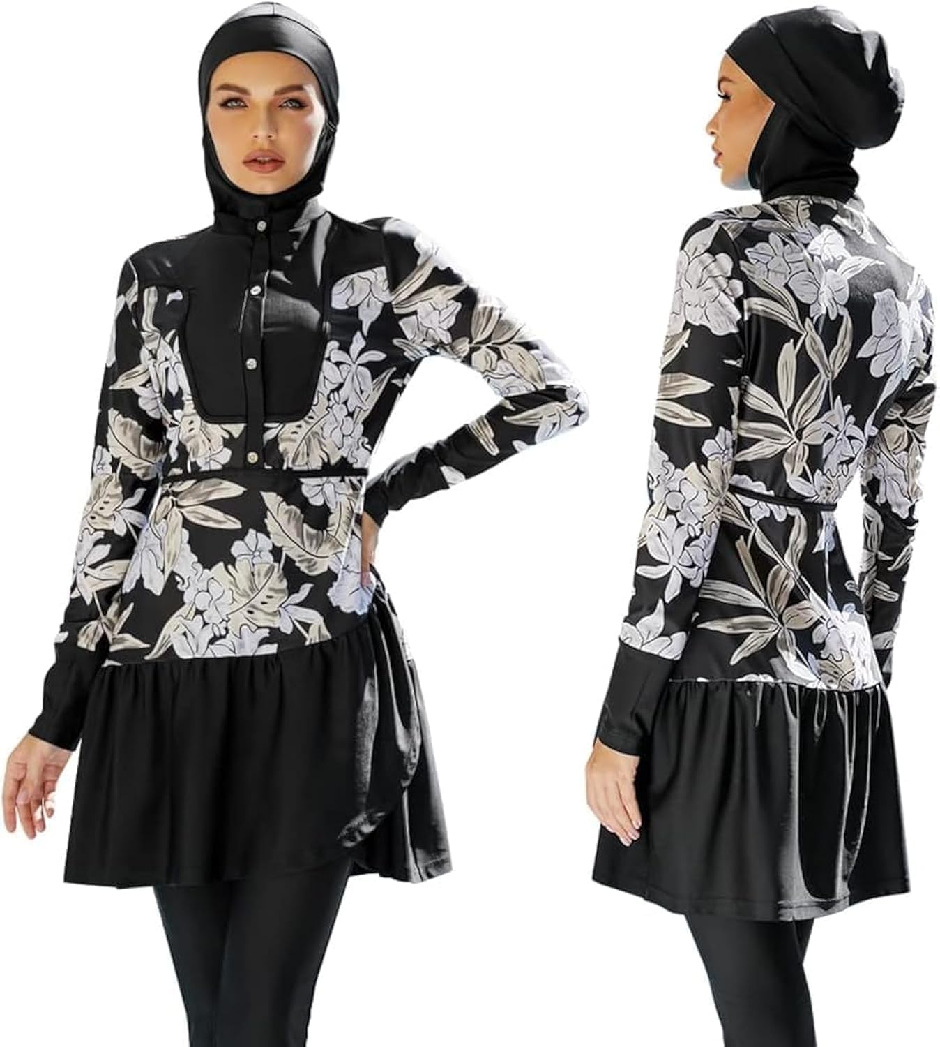 Doeunner3PCS Muslim Burkini Swimsuits for Women Long Sleeve Modest Swimming Suits Swimwear Islamic Arabic UPF50+ Full Coverage Hijab Dress Tops Swim Pants Floral Bathing Suits Rash Guard Beachwear Costume