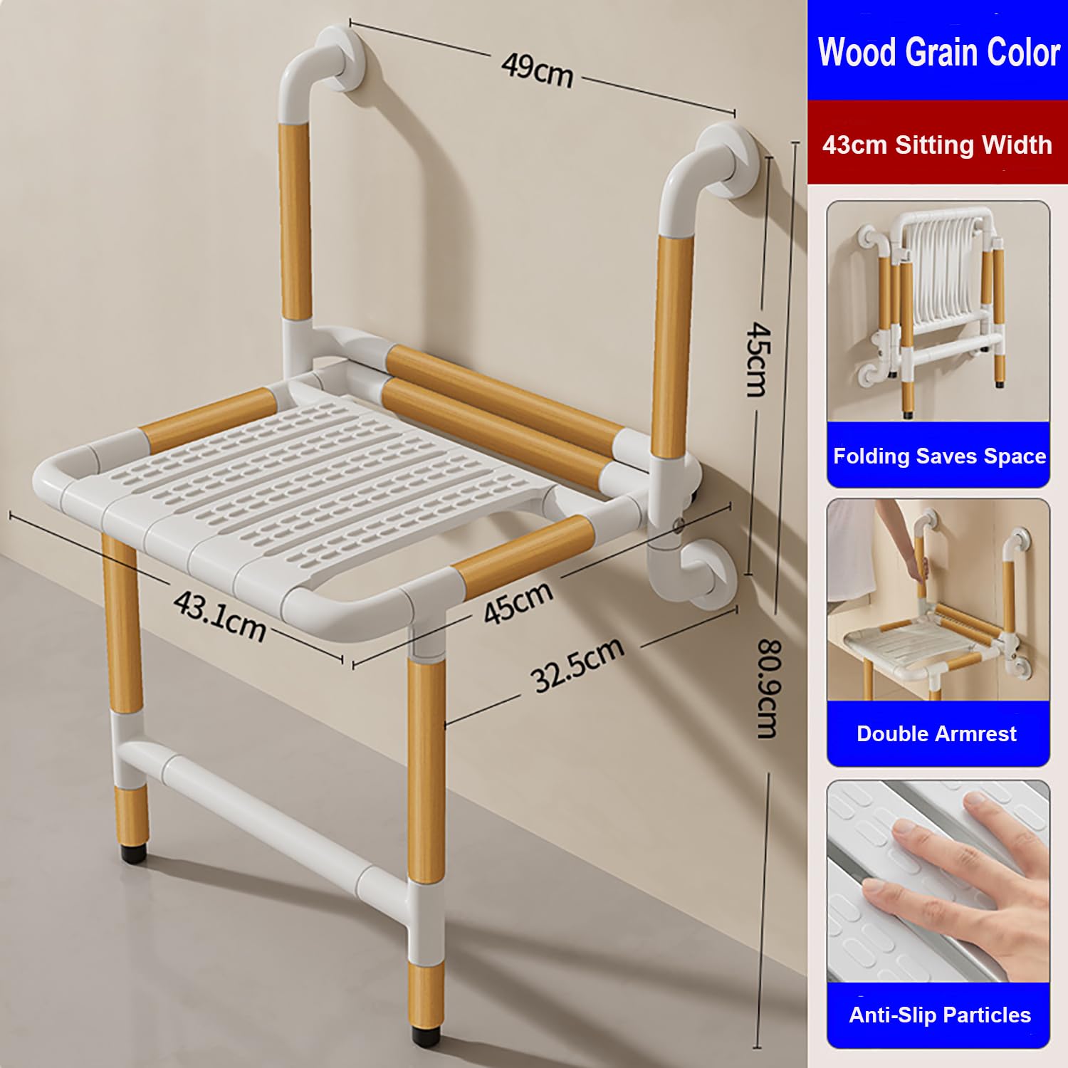 Silla de Ducha Plegable para Ancianos, Embarazadas y Discapacidad | Asiento de Ducha Montada en la Pared,Ahorro de Espacio,Luminosa,Acero Inoxidable,Antideslizante,Soporta 150 kg