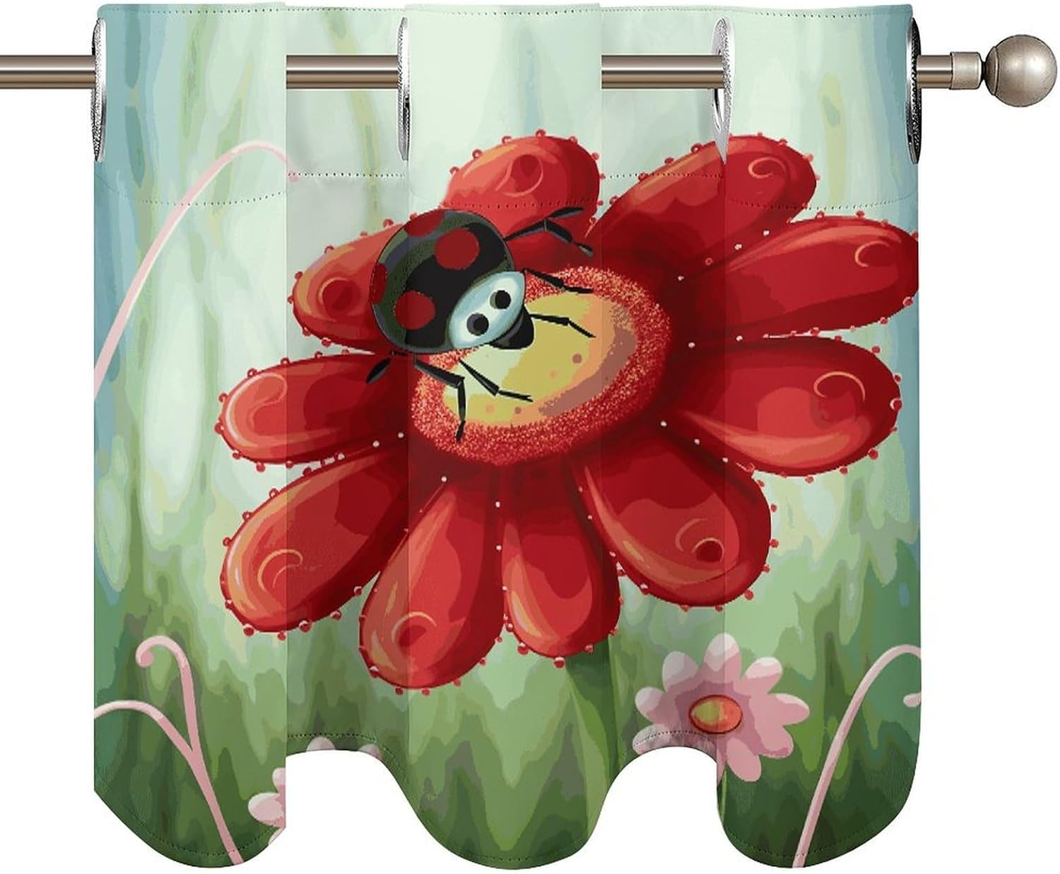 Ladybug Flower Curtain 2 Panels, Polyester Fiber, Blackout Insulated Window Curtain, Curtain Valance for Kitchen Dining Room Living Room Cafe Small Window 52 * 18.1 Inches