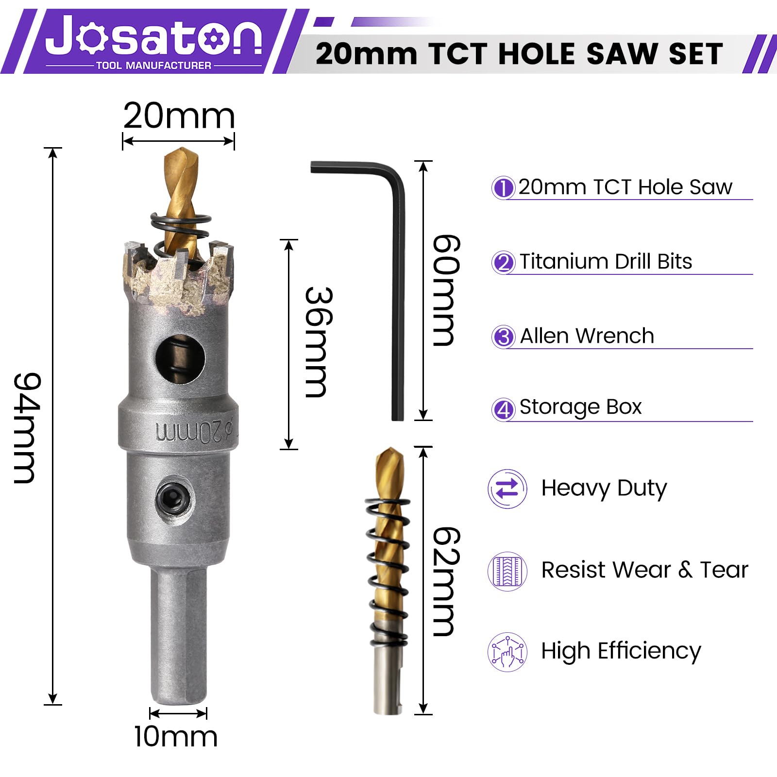 Josaton 20mm TCT Carbide Hole Saw Drill Bit Industrial Grade Heavy Duty Hole Cutter for Metal Alloy, Stainless Steel - Image 2