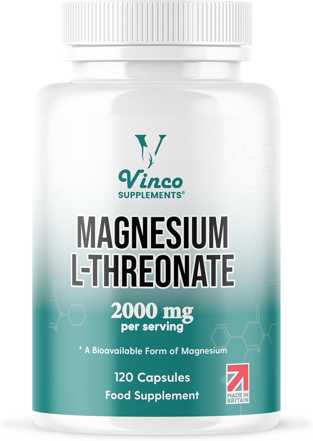 Vinco Magnesium L-Threonate Supplement – 120 High Strength Magnesium L Threonate Capsules – 2000mg Bioavailable Form of Magnesium per Serving – Non-GMO & Gluten Free – Made in The UK