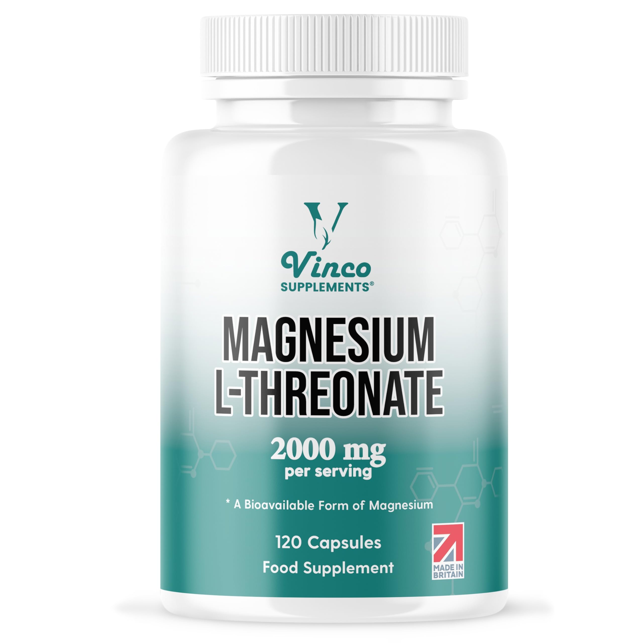 Vinco Magnesium L-Threonate Supplement - 120 High Strength Magnesium L Threonate Capsules - 2000mg Bioavailable Form of Magnesium per Serving - Non-GMO & Gluten Free - Made in The UK