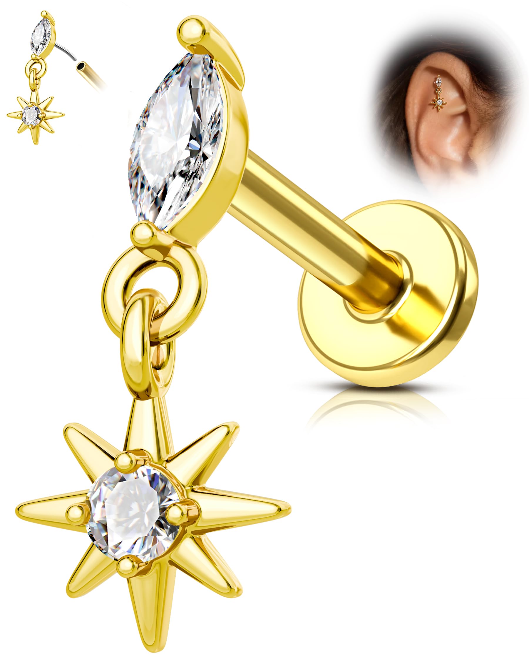 Dangle Helix Piercing Jewellery 316l Surgical Steel 16G Conch Tragus Stud Gold Labret Lip Piercing Jewelry Star 8 6 mm Threadless Forward Cartilage Earrings Stud for Women