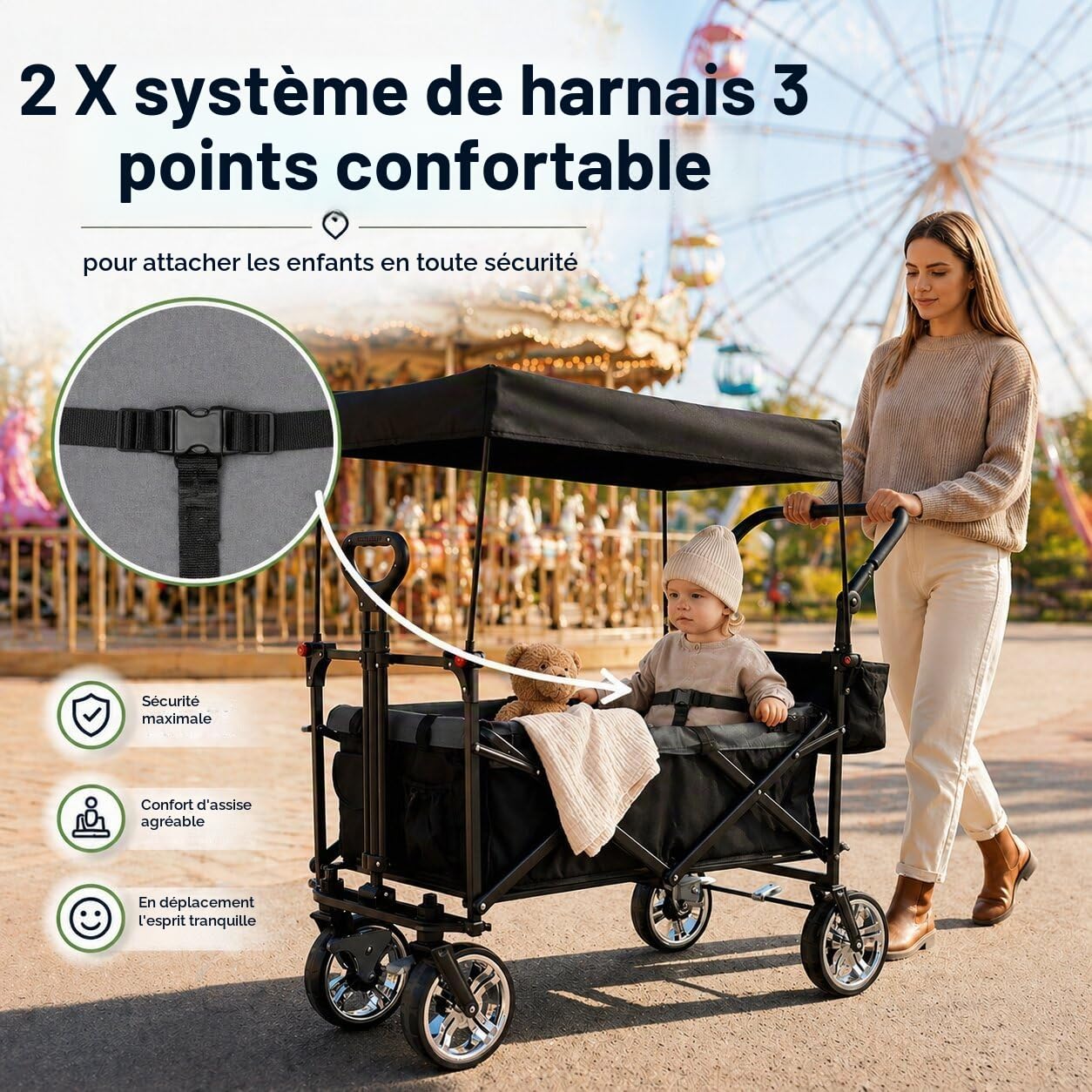 Chariot pliable avec toit, 105 l, 100 kg, poignée de poussée et barre de traction télescopique, 2 freins de stationnement + frein central arrière, système de ceinture à 3 points, poche arrière XXL
