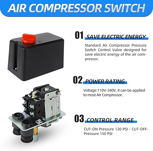 Miniatura 3 de MEANLIN MEASURE Válvula de control del interruptor de presión del compresor de aire 120-150 PSI 110V-240V Piezas de repuesto de 1 vía con manómetro