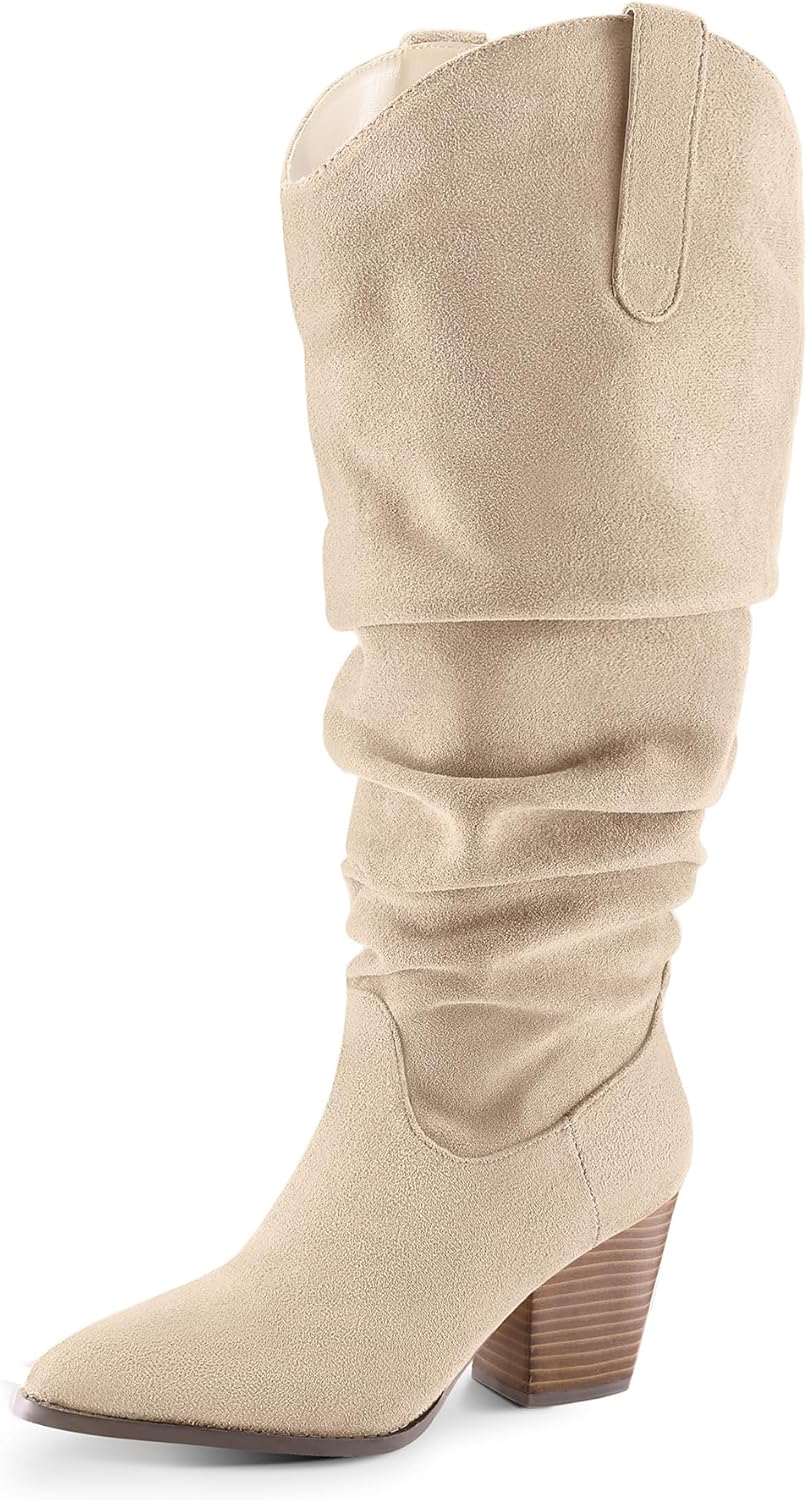 mysoft Women's Wide Calf Knee High Boots Cowgirl Low Chunky Stacked Heel Wide Width Pointed Toe Slouchy Tall Boots with Zippers