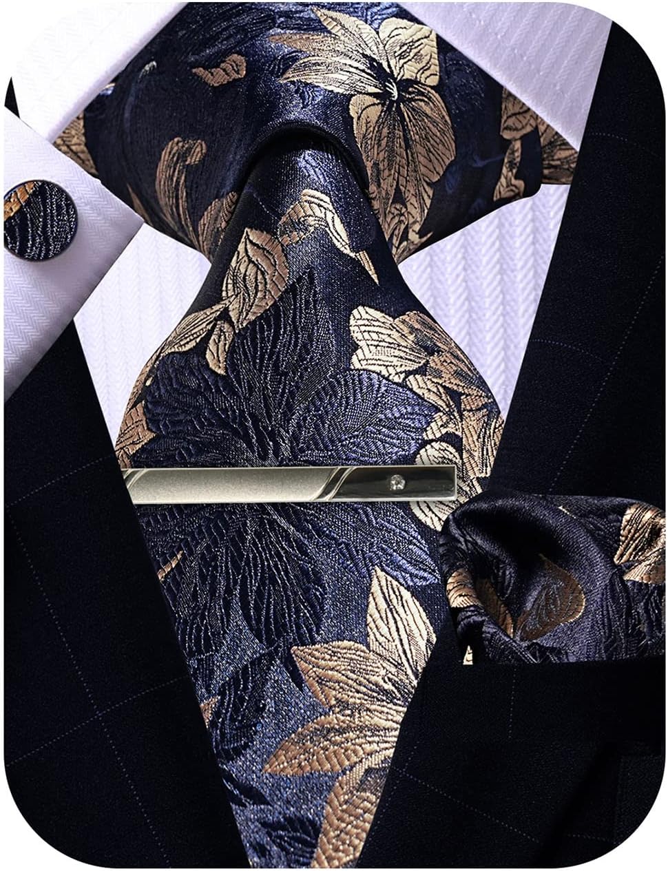 Mens Silk Tie and Pocket Square Cufflinks Clip Set, Designer Woven Necktie Set for Wedding Business Prom