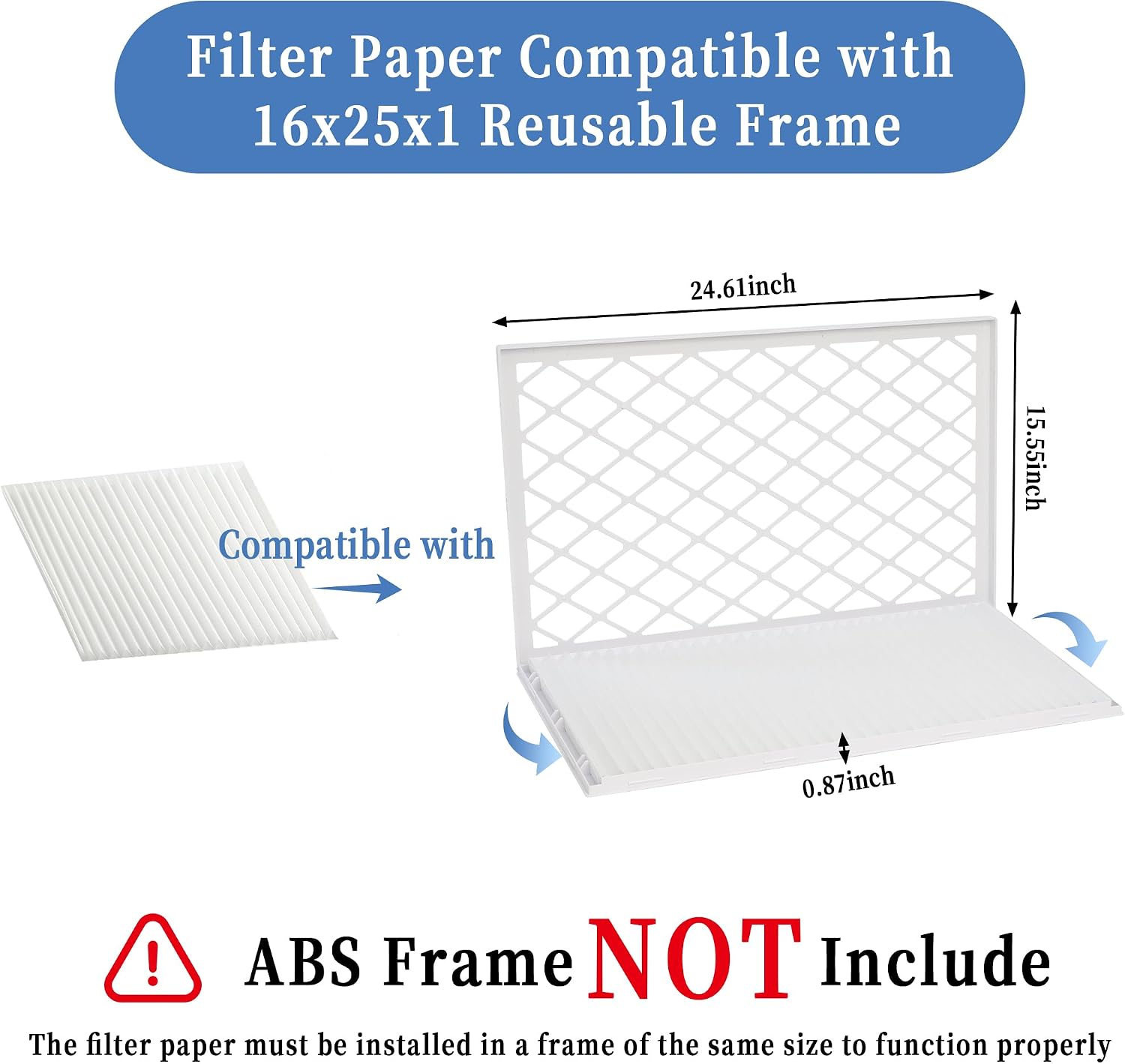 5 Pack 16x25x1 MERV 11 Air Filter Refills, Replaceable Filter Media only for 16x25x1 Reusable Frame (Frame Not Included)