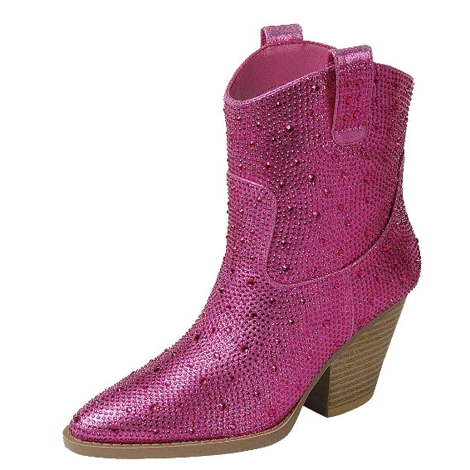 Forever Womens Rhinestone Block Heel Ankle Boots River-01 Fuchsia 7