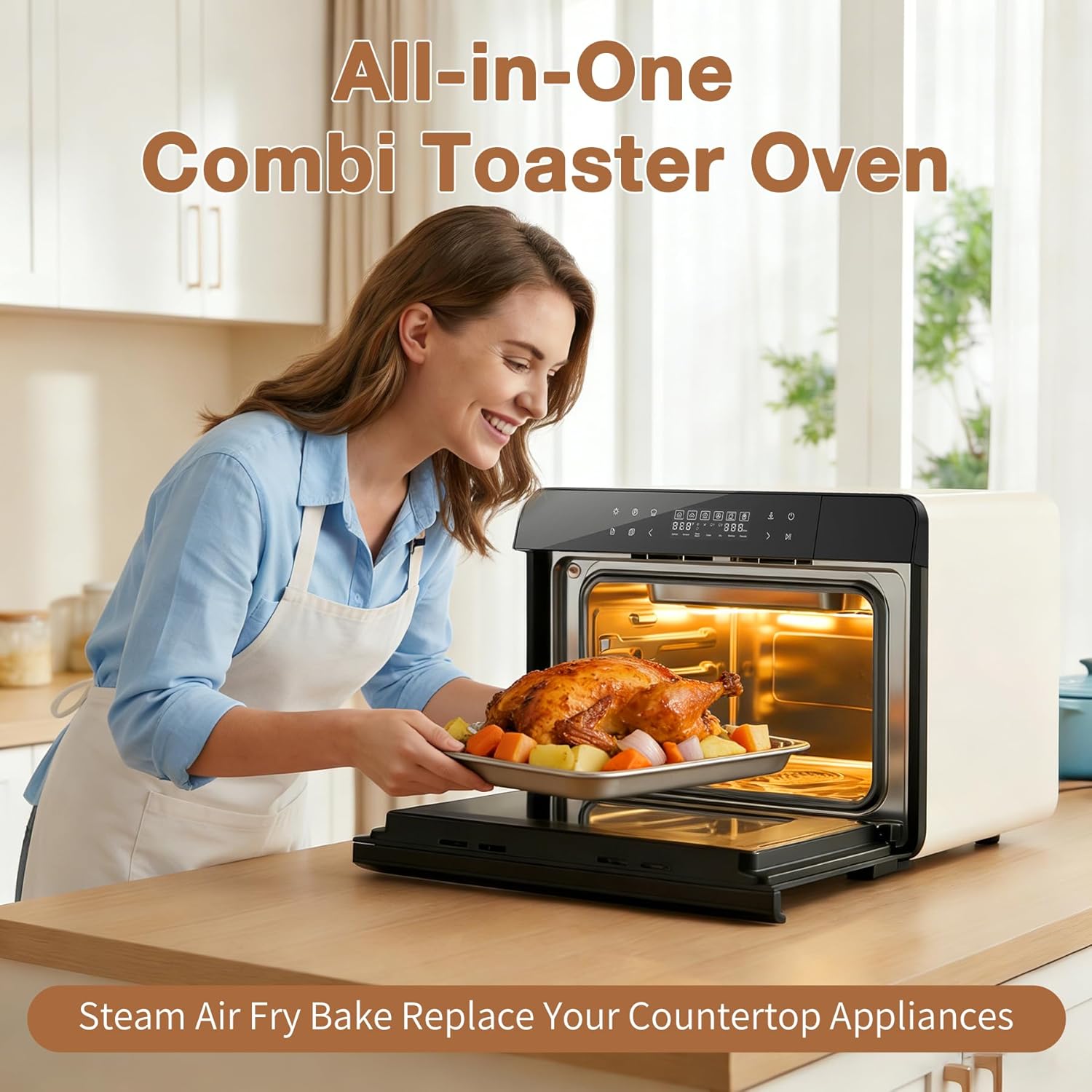 ROBAM Toaster Air Fryer Combi Oven, Countertop Steam Oven 20-in-1 with Convection Steam Roast & Bake, Multi-Stage Cooking, Self-Clean, 7 Modes, 30 Built-In Recipes, for Kitchen Pizza Baking (White)